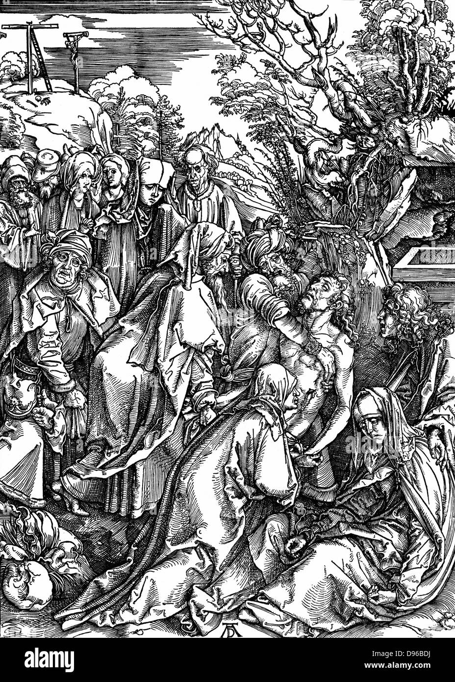 Die Grablegung.  Holzschnitt von Albrecht Dürer aus seiner Serie von sieben Holzschnitte für die große Passion c1497-1500 Stockfoto