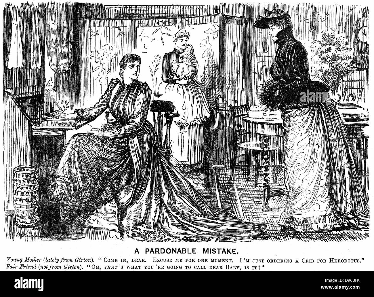 Universität Bildung für Frauen, die ihre Konversation verwirrend für den weniger gebildeten Freunde. George Du Maurier Karikatur aus 'Lochen' London, 7. Dezember 1889. Gravur Stockfoto