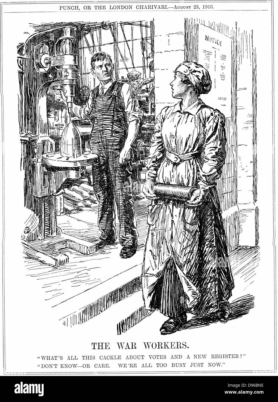Während der 1914-18 Krieg Frauen in Großbritannien übernahm die Arbeitsplätze der Männer geschickt ot vorne. Nachfrage für Frauenstimmrecht wurde vorübergehend von der nationalen Krise zum Schweigen gebracht. Cartoon von 'Punch' London April 1916 Stockfoto