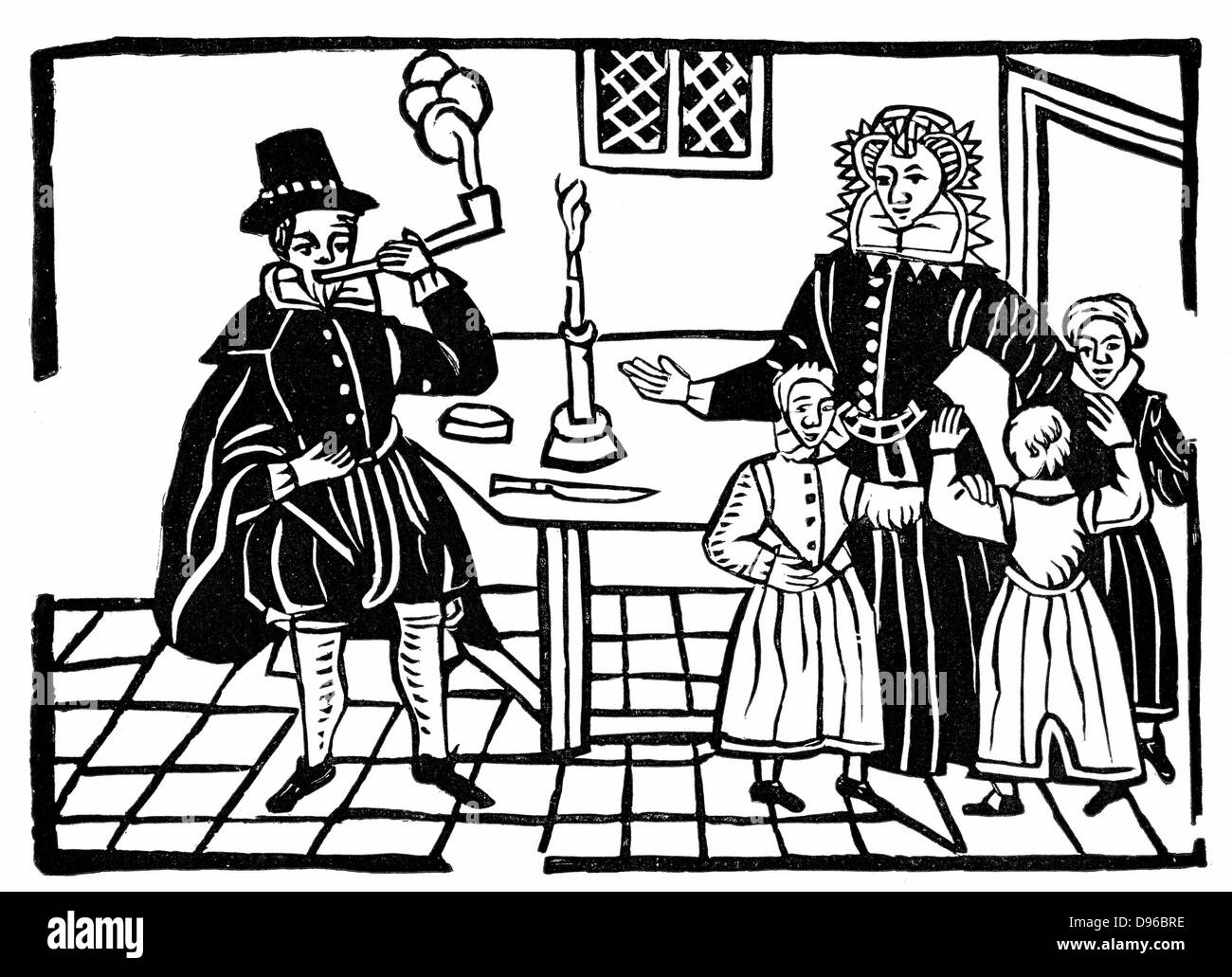 Familie: Vater mit Rohr produzieren viel Rauch, während seine Frau und seine Kinder scheinen zu Einwände werden. Holzschnitt aus The Roxburghe Ballads (Anfang 17. Jahrhundert). Stockfoto