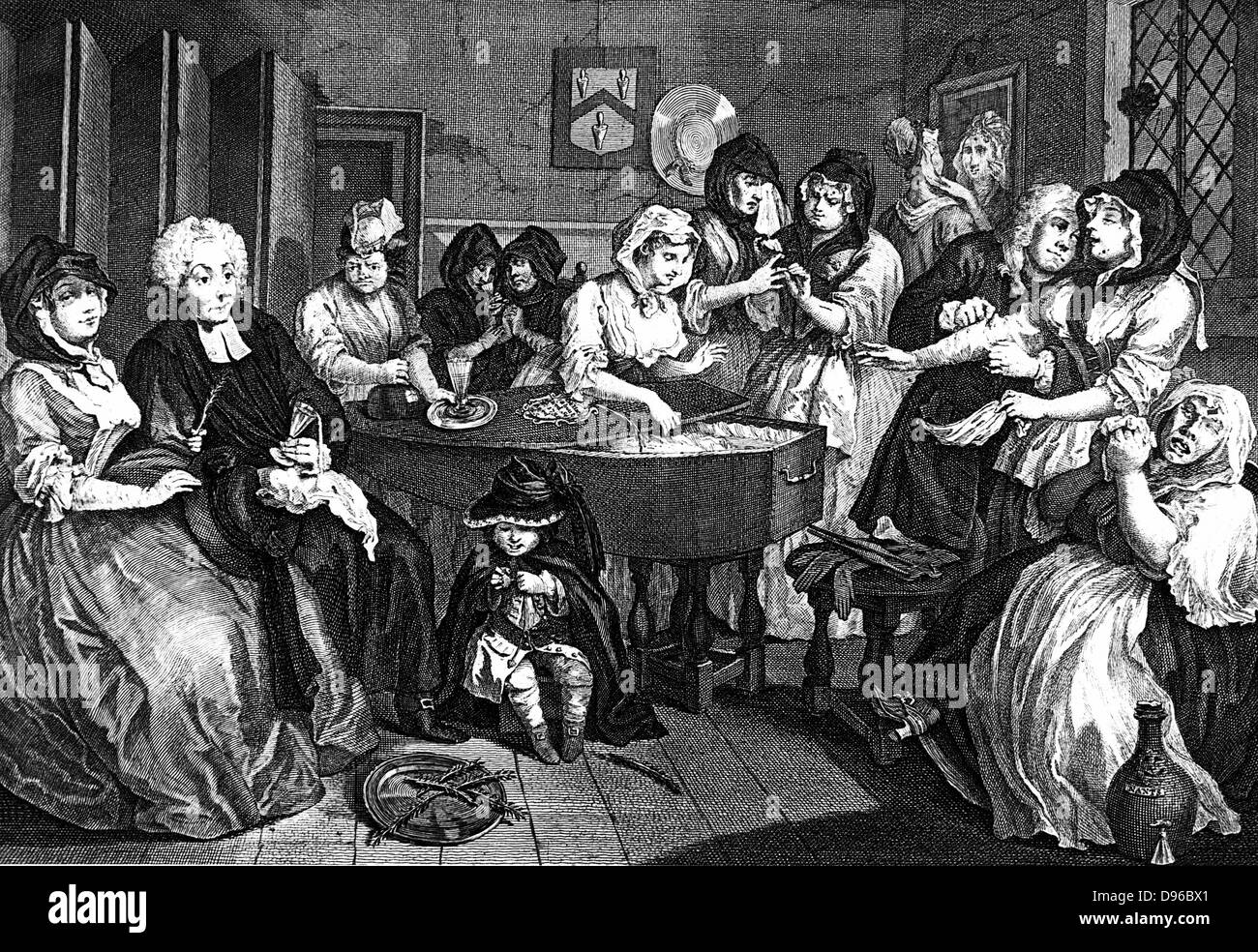 Kate Hackabout, die Hure, in ihrem Sarg gelegt. Sechste und letzte Platte in William Hogarth's Serie "Der Hure Fortschritt" (1733). William Beckford kaufte die originalen Gemälden, die in der Feuer an Fonthill im Jahre 1755 zerstört wurden. Gravur Stockfoto
