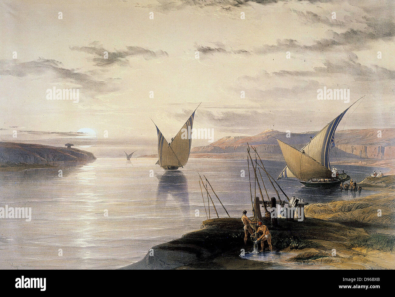 David Roberts (1796-1864) Britische (Schottische) Künstler. "Boote auf dem Nil" Aquarell. Rechts unten, Wasser wird durch eine shaduf angehoben. Victoria & Albert Museum, London Stockfoto