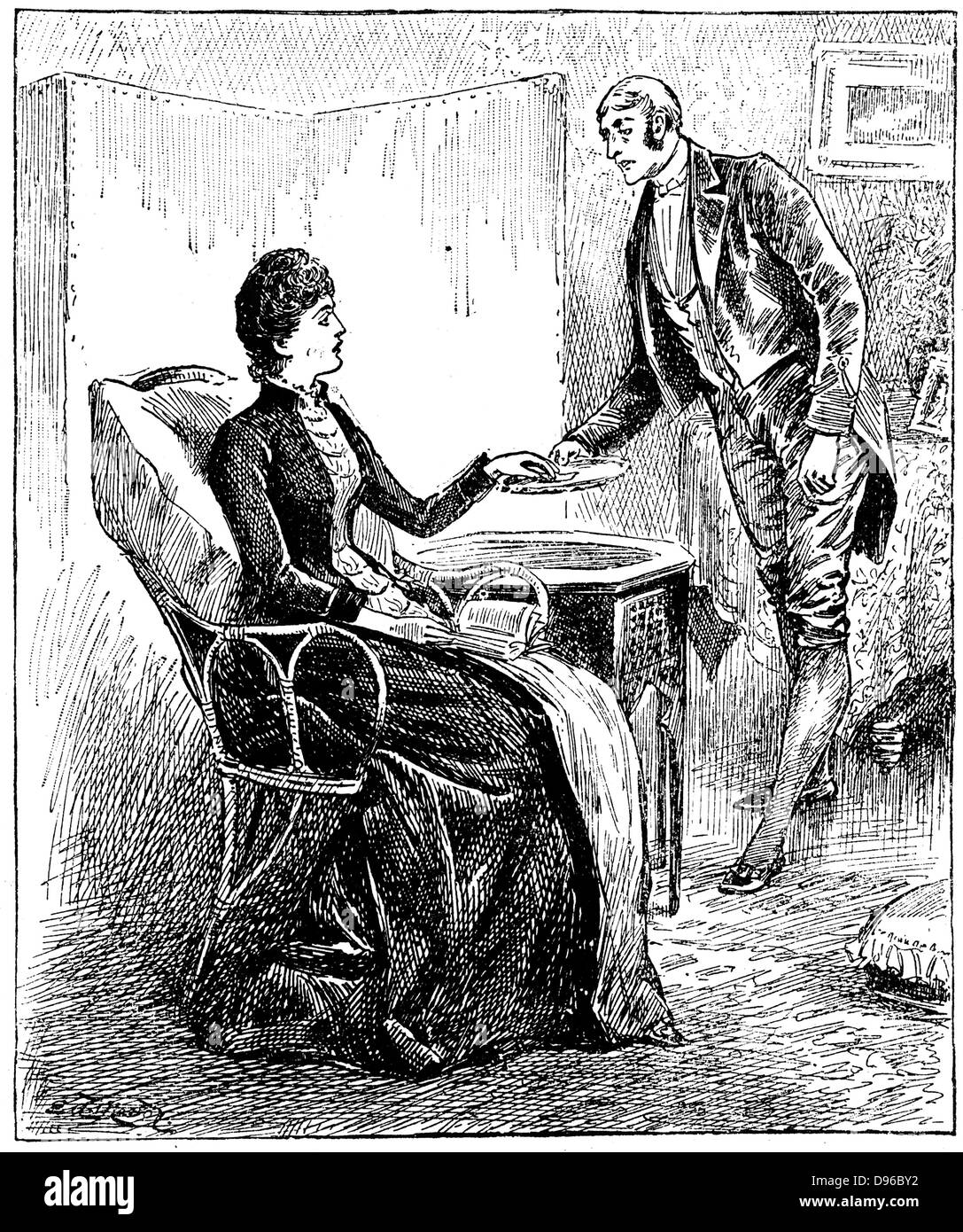 Lakai präsentiert eine Karte, die ein Anrufer für seine Geliebte verlassen hat. Holzstich, London, 1888 Stockfoto