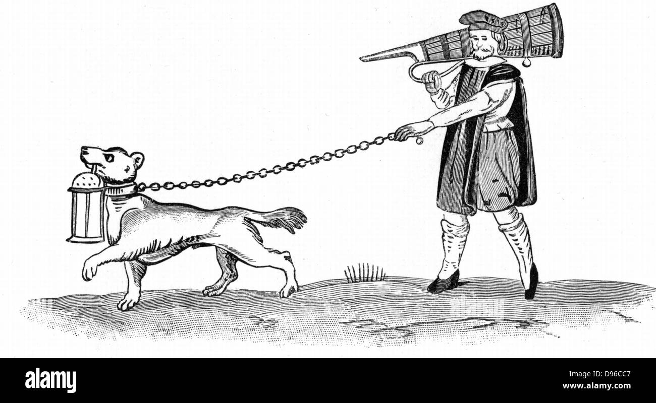 Der Constable der Uhr mit seinem Hund. In Shakespeares "Viel Lärm um Nichts" Akt 3 Sc3 Dogberry ist so ein Offizier. Anfang des 17. Jahrhunderts Abbildung. Stockfoto