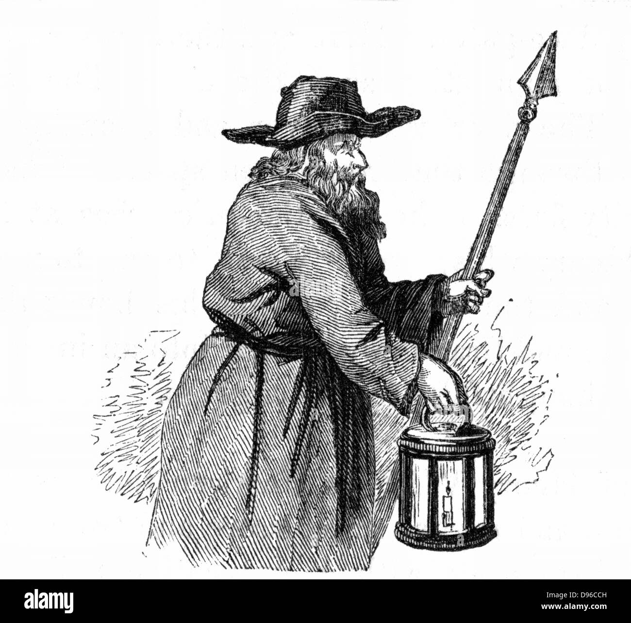 London Nachtwächter mit seinem Hecht und Laterne: 1569 durch die Straßen gehen. Gravur Stockfoto