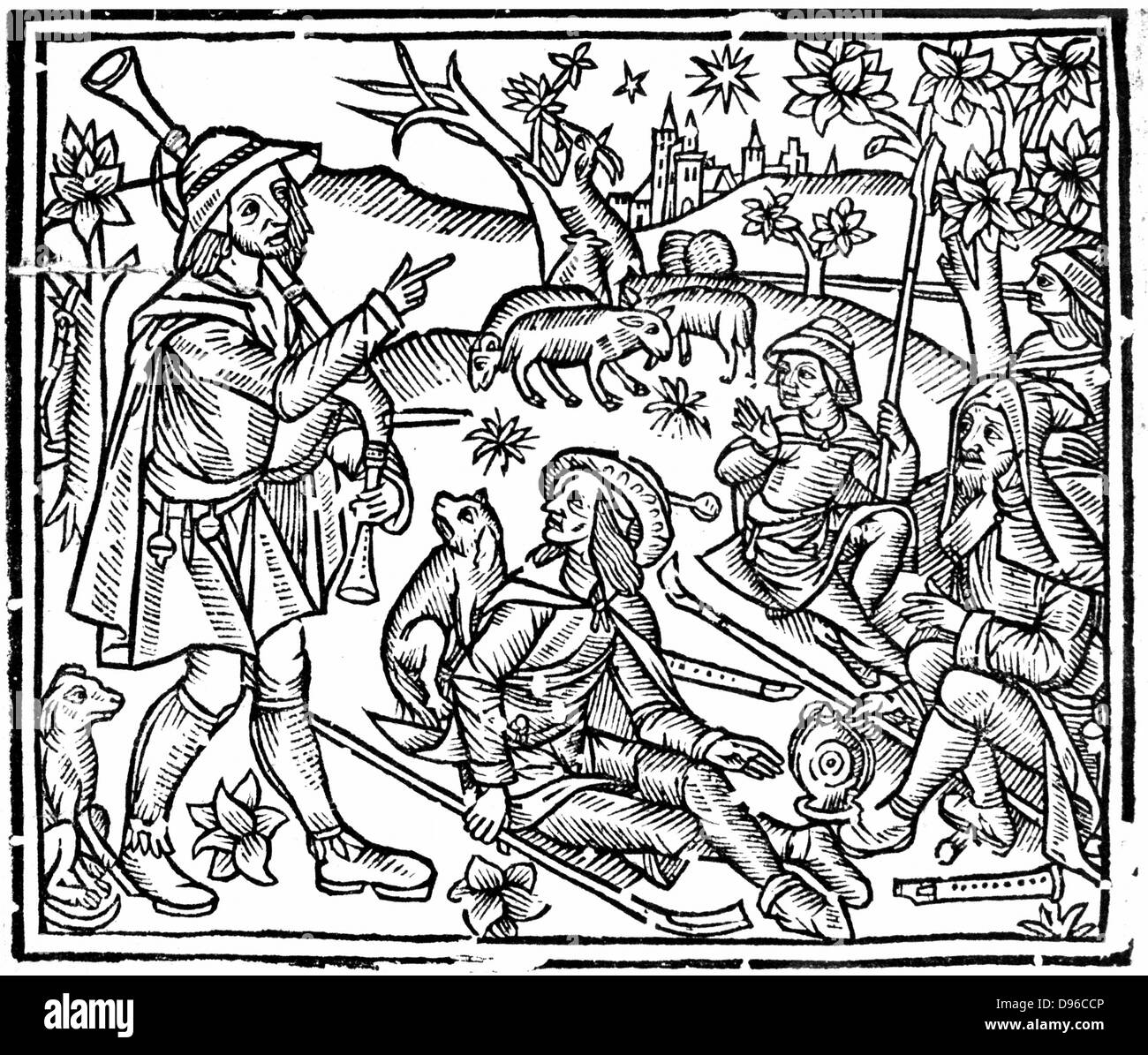 Hirten mit ihren Schafen und Hunden. Abbildung auf der linken Seite ist der Dudelsack und gedrückt halten, sowie als Gauner für das Handling der Schafe, es gibt Holzblasinstrumente auf dem Boden. Von Anfang des 16. Jahrhunderts Englische Ausgabe von "Die Shepheards Kalendar" Holzschnitt. Stockfoto
