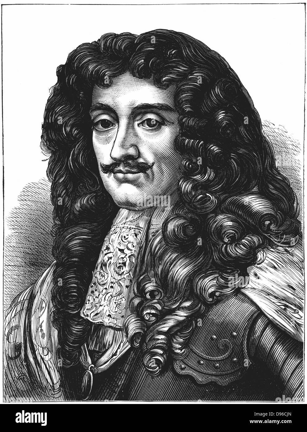 Charles II (1630-1685) König von Großbritannien und Irland aus dem Jahre 1660 nach der Restauration der Monarchie.  Gravur. Stockfoto