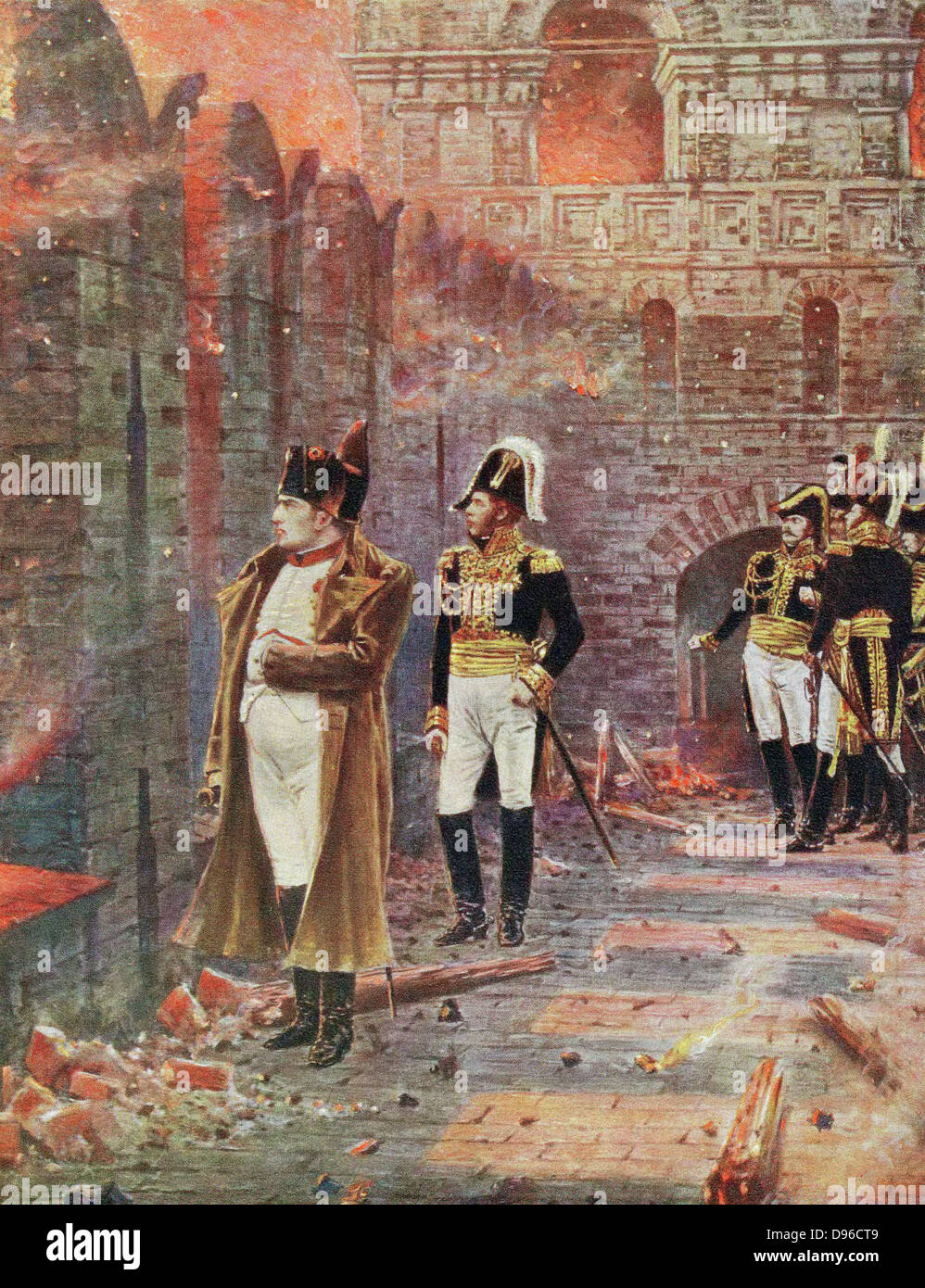Napoleon und seine Mitarbeiter beobachten das Verbrennen von Moskau, 1812.  Buchen Sie Anfang des 20. Jahrhunderts Abbildung. Stockfoto
