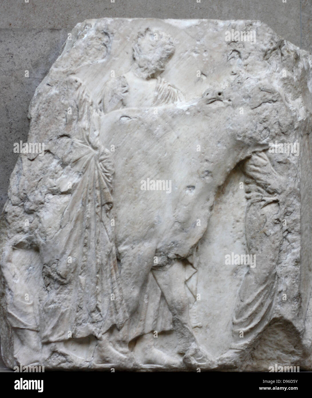 Der Parthenon-fries Detail. Griechischer Marmor Skulptur, zwischen 443-438 BC. Die vollständige Fries zeigt eine Erzählung Prozession von Männern, Frauen und Pferde. Stockfoto