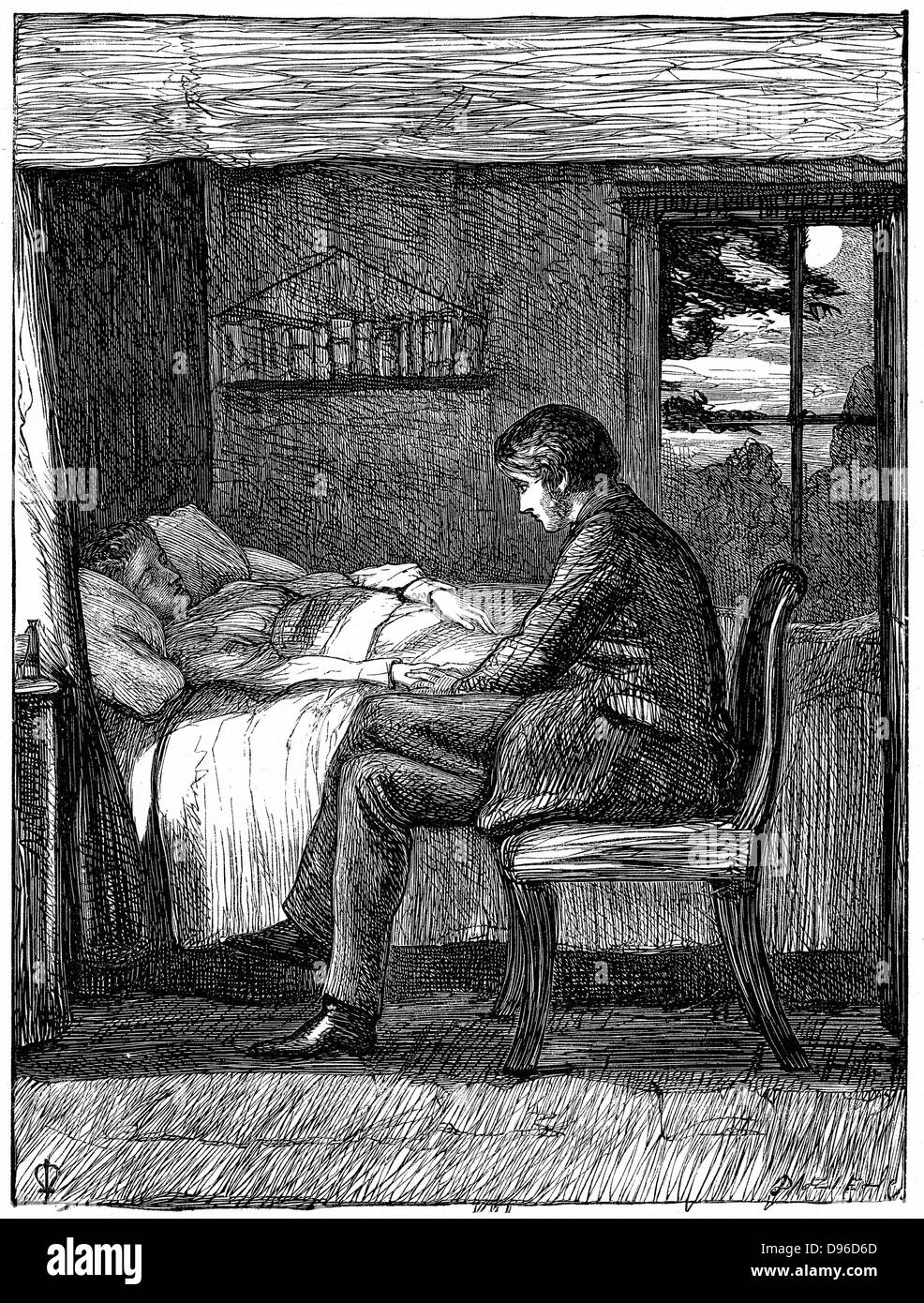 Wird Ansehen und Anhören am Sterbebett seines Freundes. Illustration von John Everett Millais (1829-1896), englischer Künstler und Gründungsmitglied von pre-raphaelite Brotherhood, für Owen Meredith's Gedicht 'letzten Worte' aus 'Cornhill Magazine", London, November 1860. Owen Meredith Pseudonym Robert Edward Bulwer Lytton (1831-1891) lst Earl Lytton. Gravur Stockfoto
