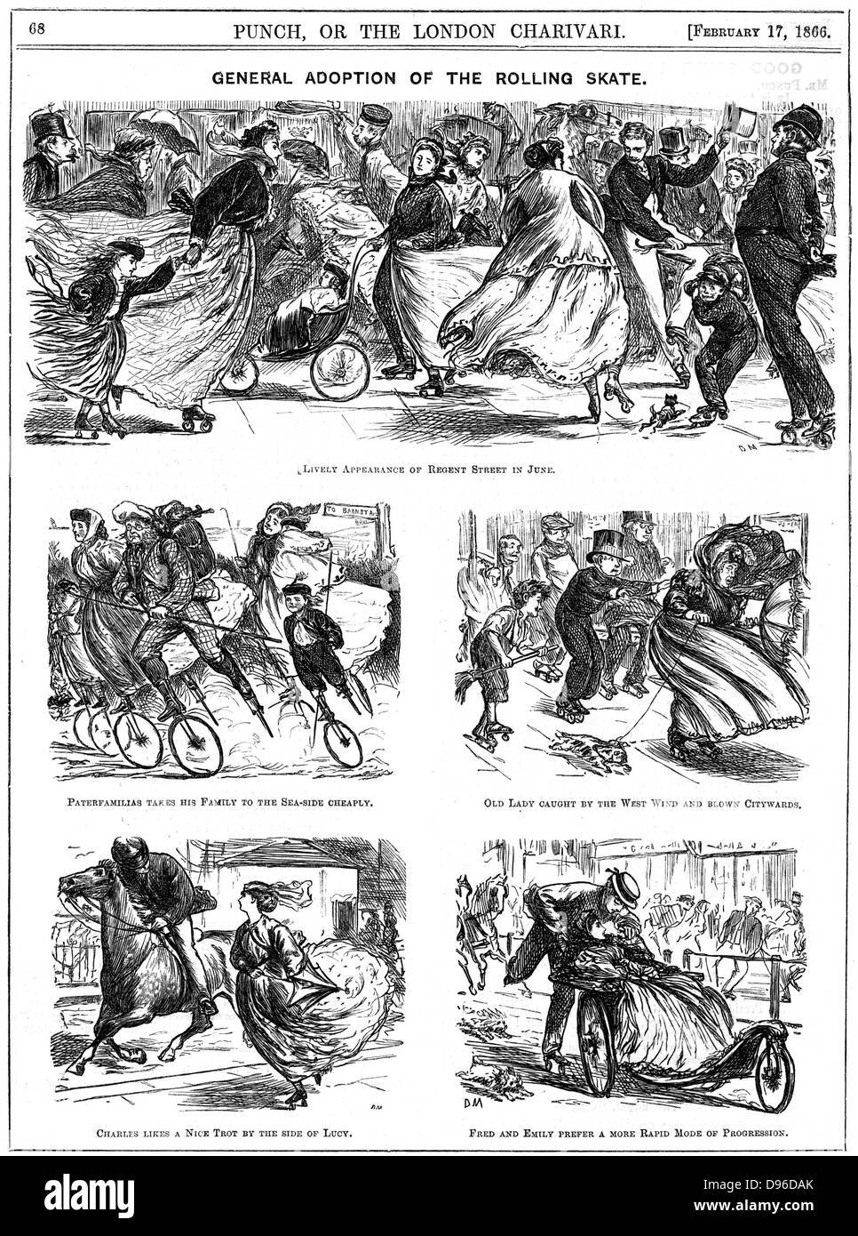 Allgemeine Annahme der rollende Skate. George du Maurier Karikaturen von Punch, 17. Februar 1866. Gravur Stockfoto