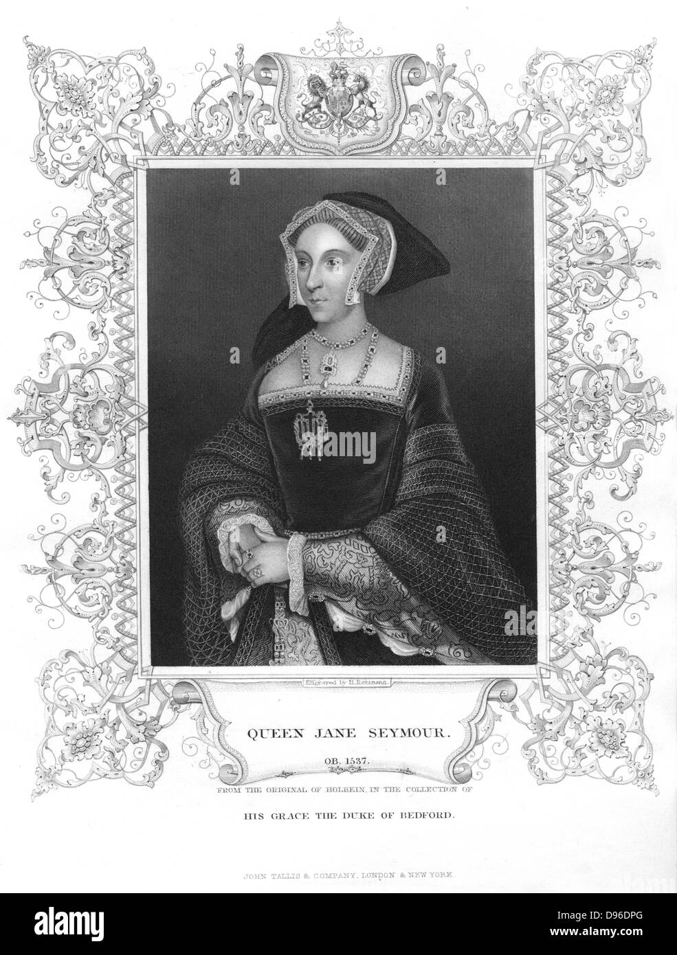 Jane Seymour (1509-1537), Königin von England, Gattin von Heinrich VIII. Mutter von Edward VI, sie starb 12 Tage nach der Geburt. Engrav ing nach dem Porträt von Holbein. Stockfoto