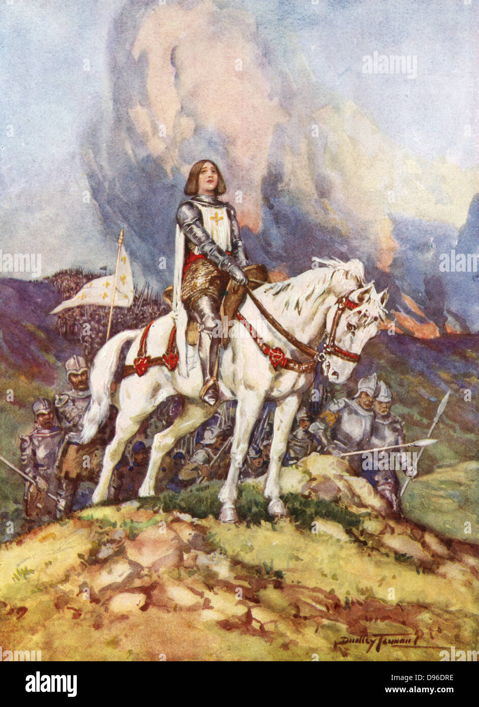 Jeanne d'Arc (c 1412-31) St Joan, die hl. Jeanne d'Arc, die Jungfrau von Orleans. Französischer Patriot und Märtyrer. Joan an der Spitze der französischen Armee. Abbildung aus dem frühen 20. Jahrhundert. Stockfoto