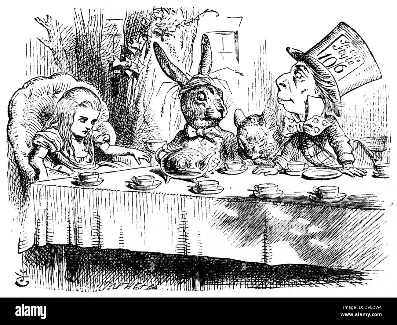 Der Mad Hatter Teaparty. Illustration von John Tenn iel für 'Alice im Wunderland' von Lewis Carroll (London, 1865). Stockfoto