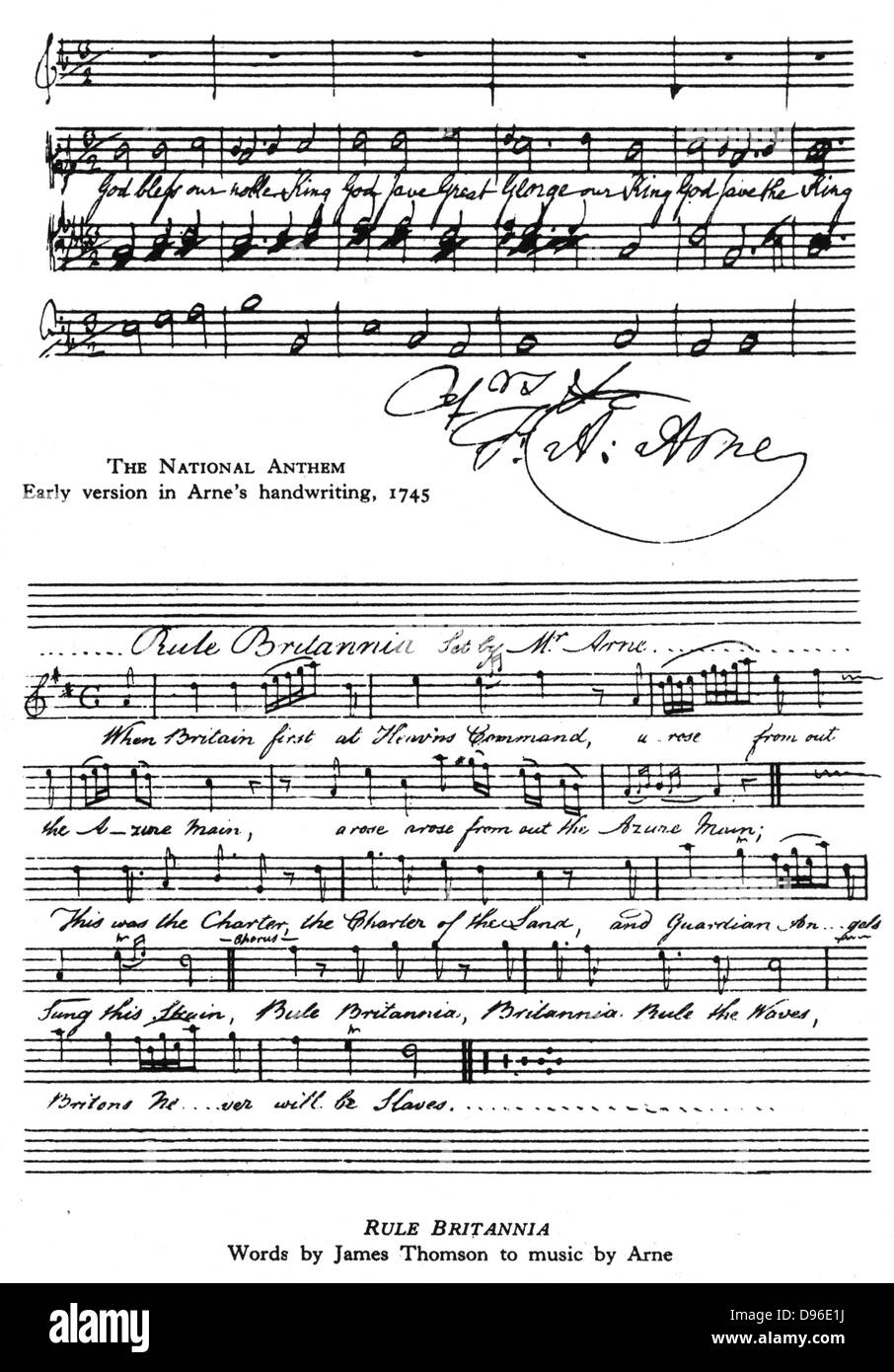 Thomas Augustine Arne (1710-1778). Top: eine Version des Britischen Nationalhymne im Arne's Hand. Unten: 'Rule Britannia', ein patriotisches Lied komponiert von Arne zu Worte des schottischen Dichters James Thomson. Stockfoto
