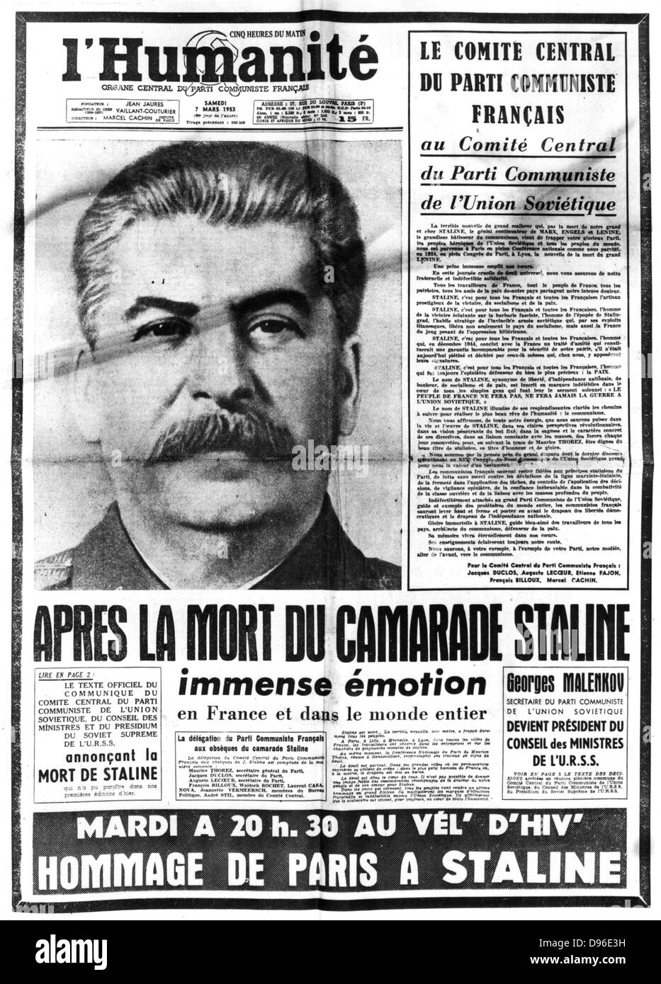 Deckblatt der "l 'Humanité", Paris, 7. März 1953 Berichterstattung über den Tod von Joseph Stalin (1879-1953) russischen kommunistischen Diktator. Stockfoto