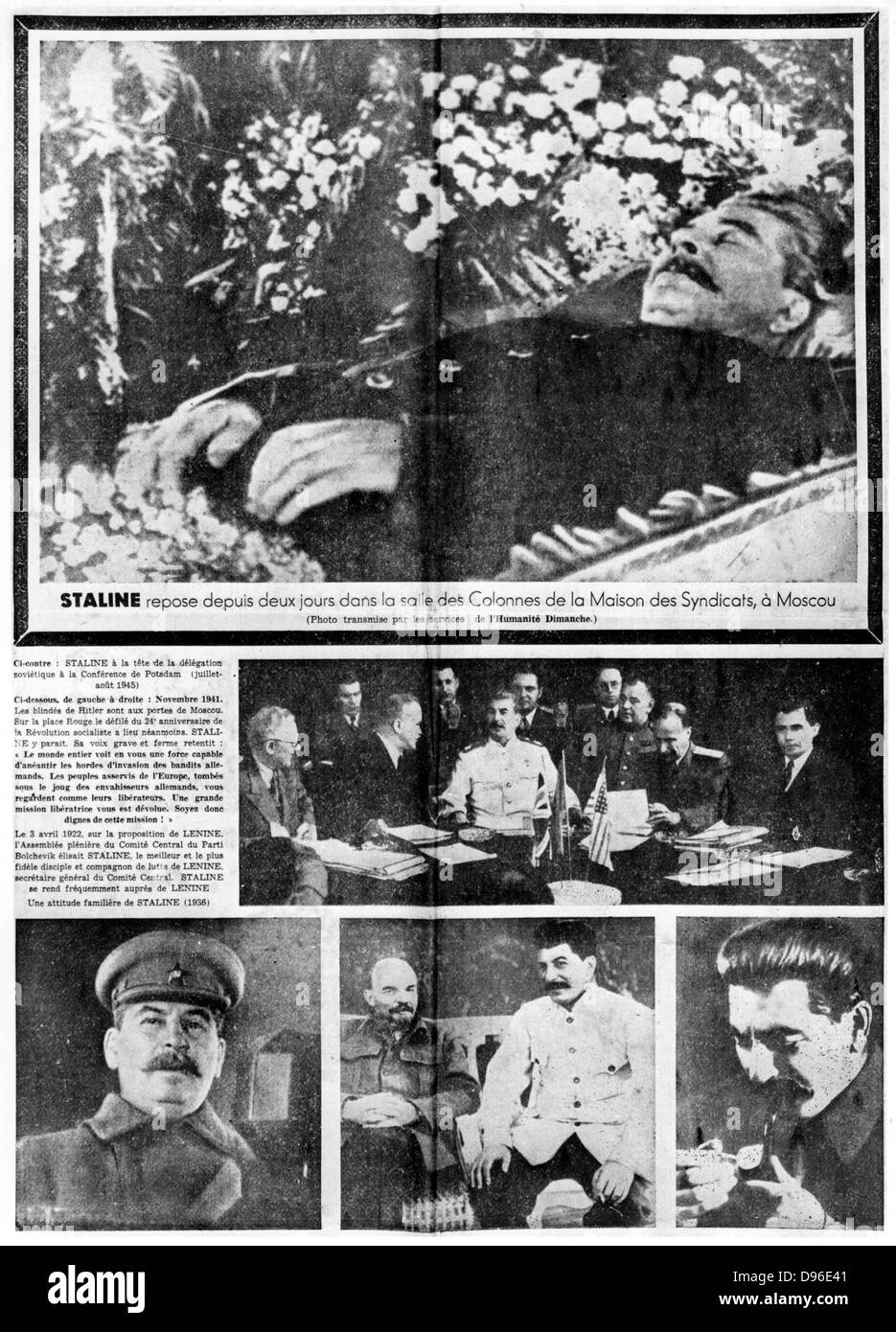 Ausbreitung von "l 'Humanité", Paris, 7. März 1953 Berichterstattung über den Tod von Joseph Stalin (1879-1953) russischen kommunistischen Diktator. Stockfoto