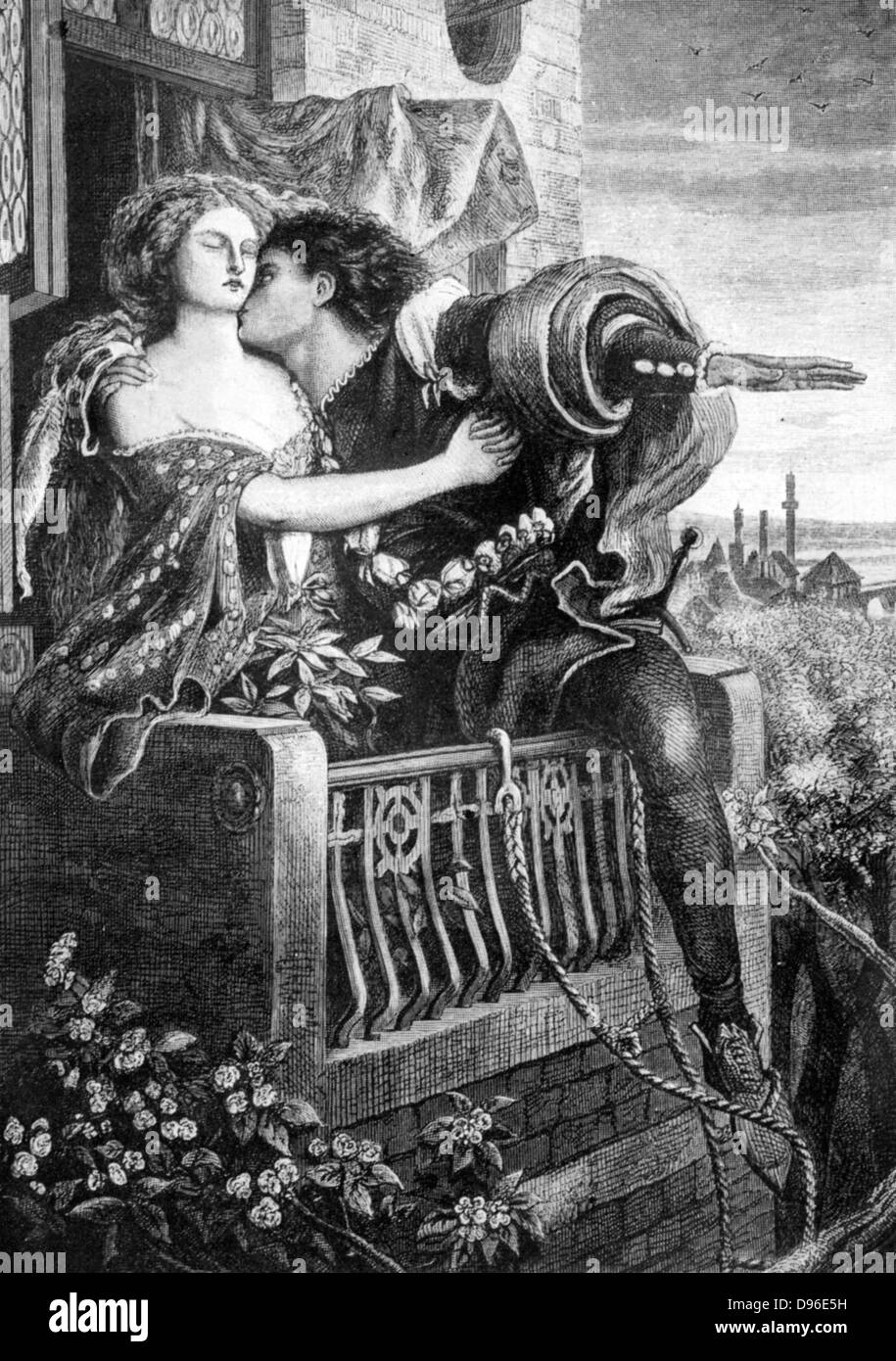 Romeo und Julia" von Wiliam Shakespeare geschrieben. c 1895. Romeo und Julia in der Dämmerung und über vom Balkon Ihres Zimmers zu klettern. Stockfoto