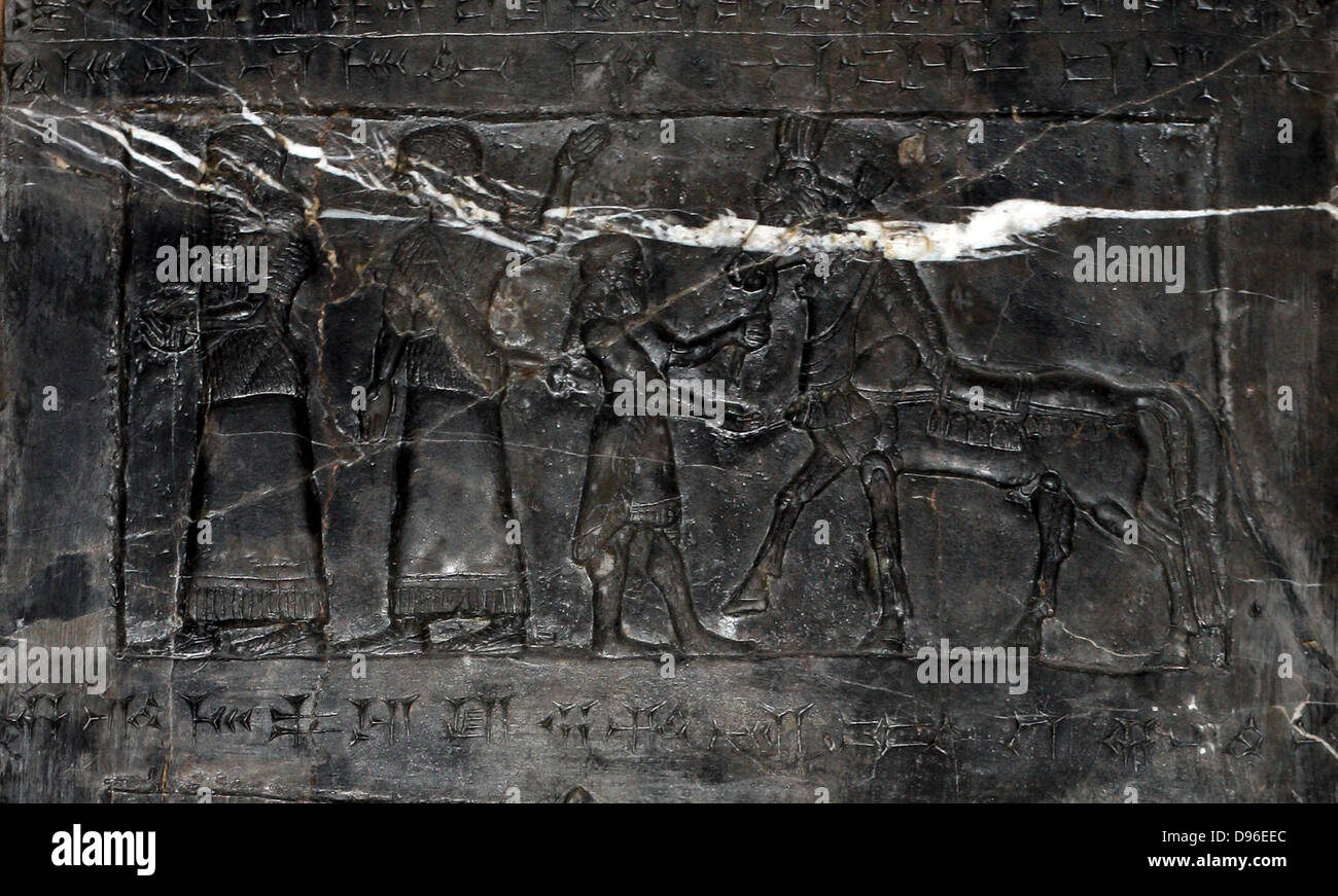 Der schwarze Obelisk von Salmanassar III (858-824 v. Chr.). Assyrische, von Nimrud. Der fine-grain Schwarz Kalkstein Streifen in Weiß. Es zeichnet Kampagnen des Königs und Ehrungen, die ihm gegeben. Stockfoto