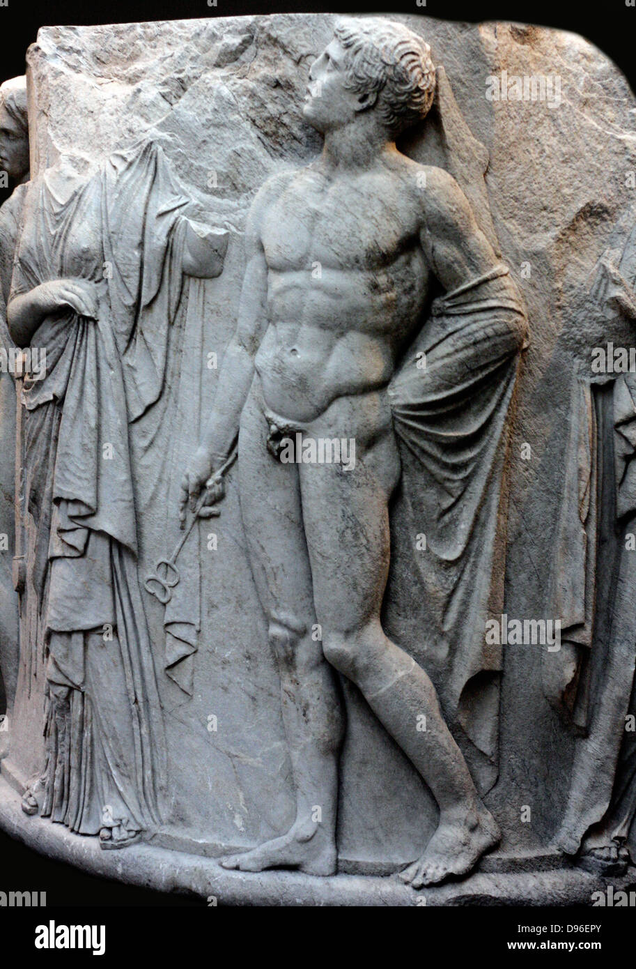Sculpted Marmor Spalte drum. Ca. 325-300 BC. In Ephesus mit dem Tempel der Artemis gefunden. Diese Ansicht zeigt eine Abbildung des Hermes Psychopompos, und Pluto (Hades). Stockfoto