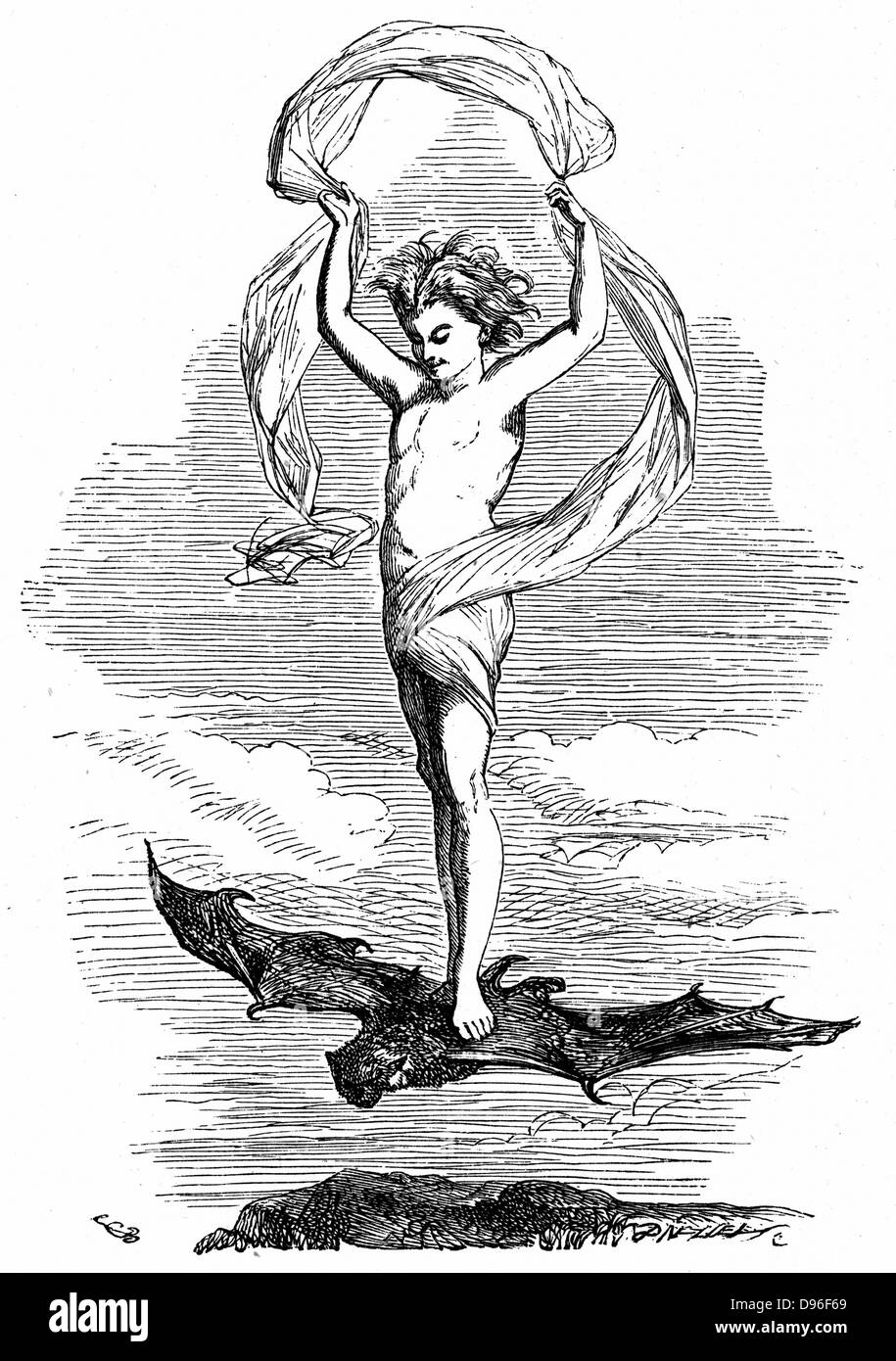 Ariel auf dem Weg zurück zu seinem Meister, Prospero, auf den Schiffbruch des König Alonso und seine Partei zu berichten. Abbildung für "Der Sturm" für eine Edition von Shakespeares Werke veröffentlicht 1856-1858. Gravur. Stockfoto