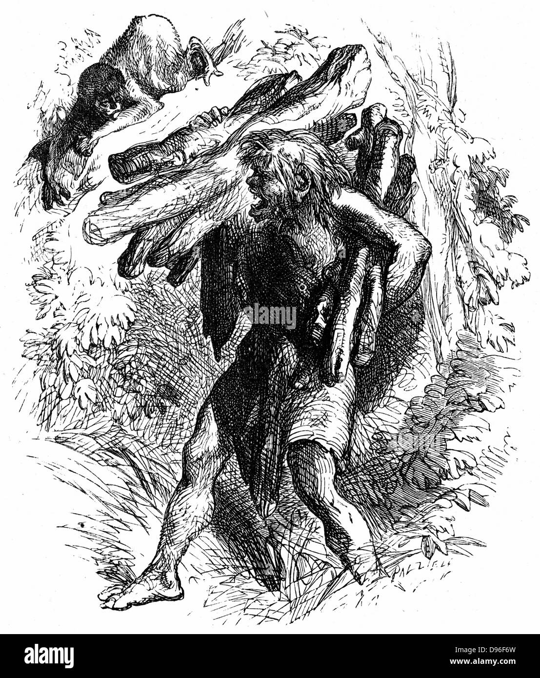 Caliban, der Wilde, verformt, Sub-menschliche Kreatur versklavt von Prospero. Act II Sc. II, Caliban Holz sammeln. Abbildung für "Der Sturm" für eine Edition von Shakespeares Werke veröffentlicht 1856-1858. Gravur. Stockfoto