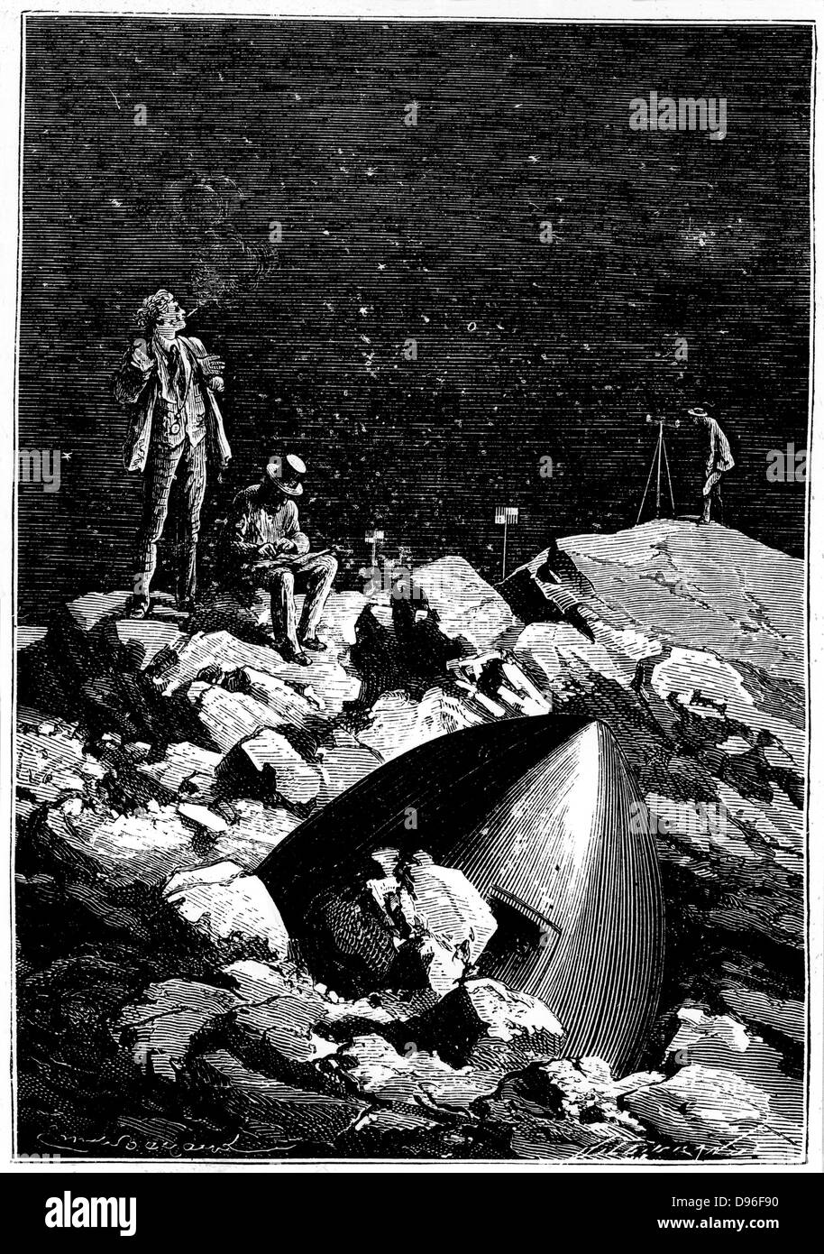 Die Astronauten, die Vermessung des Mondes. Von Jules Verne "Autour De La Lune", Paris, 1865. Holzstich. Stockfoto