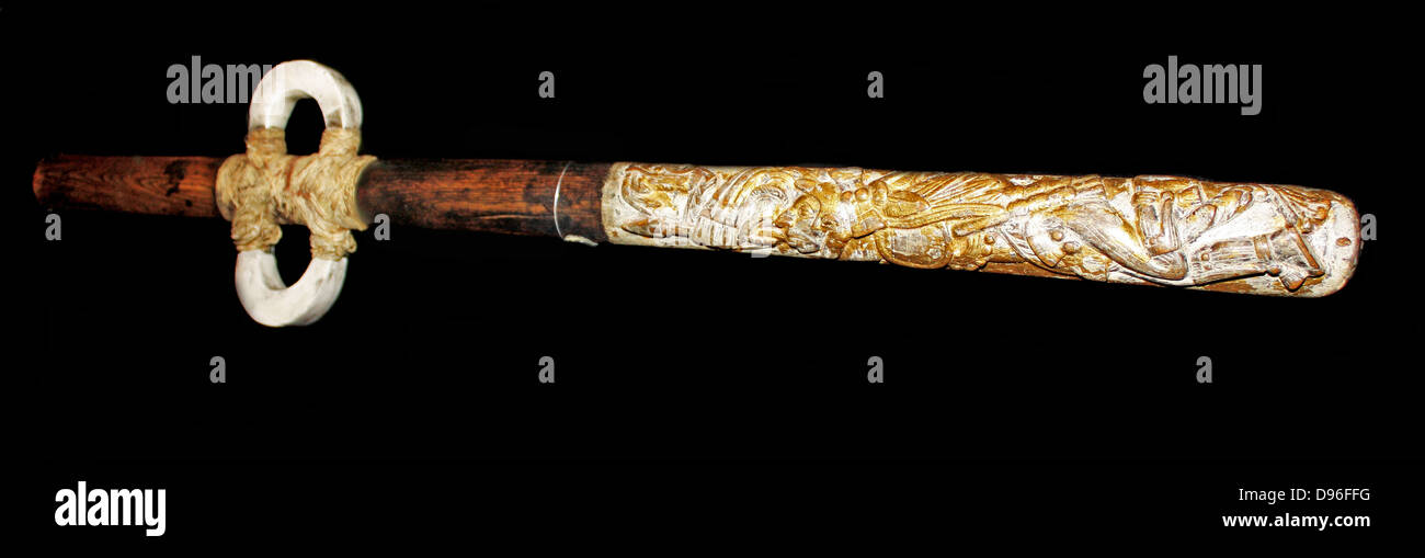 Aztekische hölzerne Speer-Werfer, oder "Atlatl". ANZEIGE 1400-1521. Verwendet für die Jagd in einem Abstand. Stockfoto
