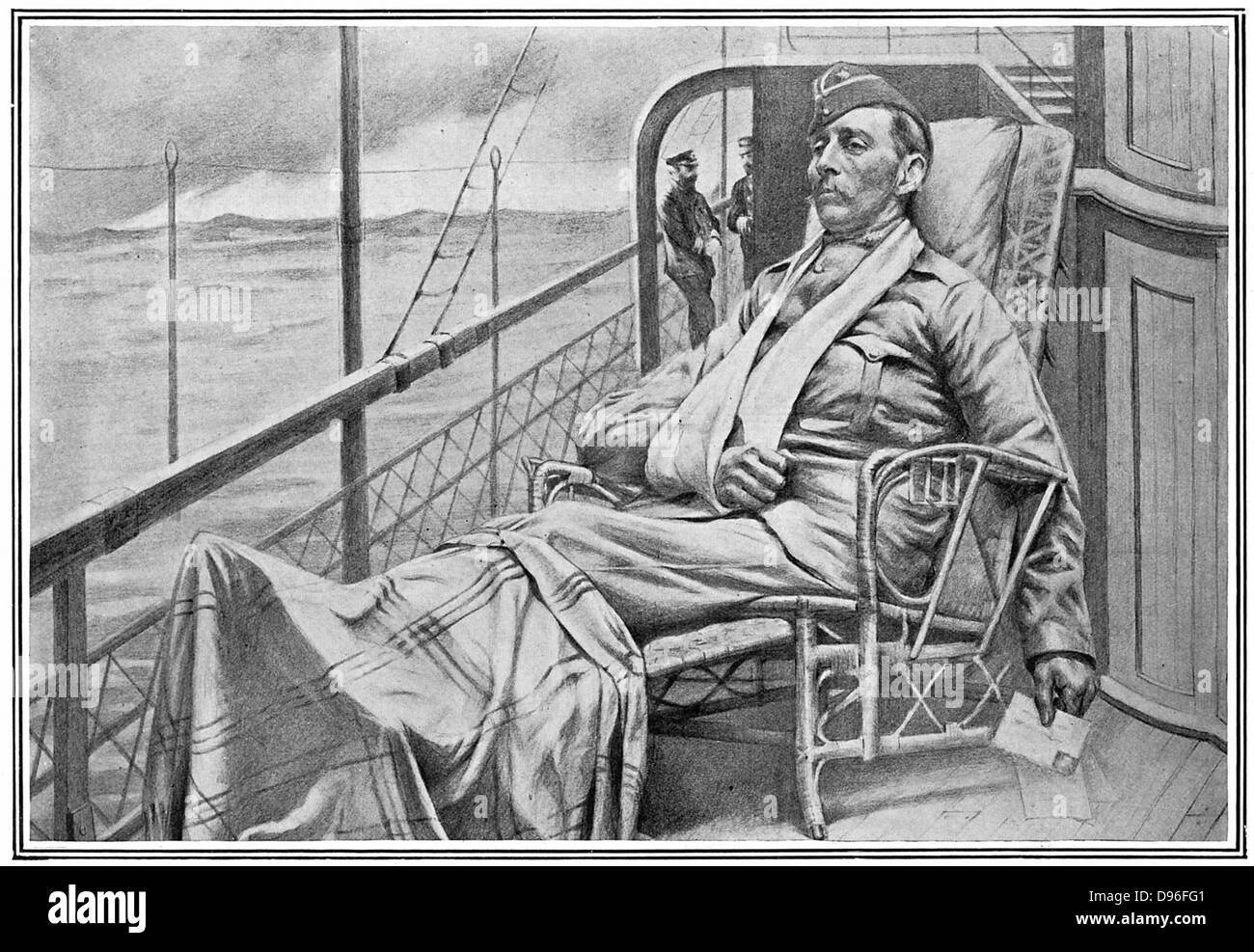 Ein verwundeter britischer Offizier sitzen an Deck auf seinem Weg nach Hause aus Südafrika. 2. Burenkrieg 1899-1902 Stockfoto