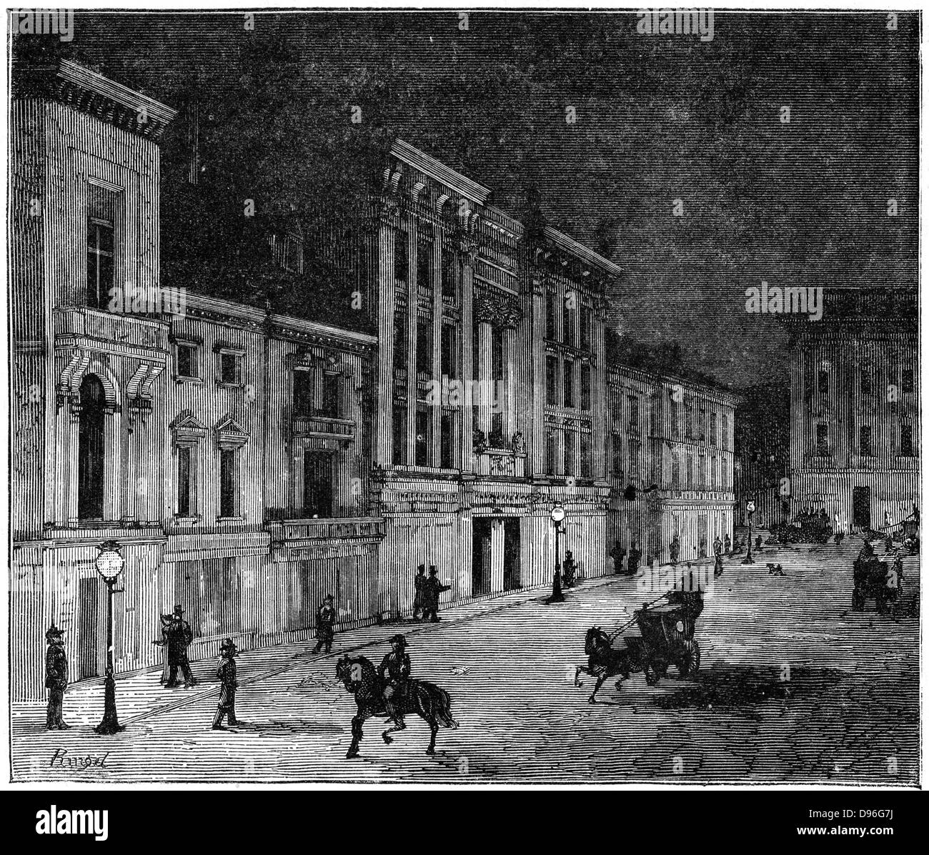 Straße in Newcastle von Swan weißglühende elektrische Lampen beleuchtet. der 1880er Jahre. Gravur Stockfoto