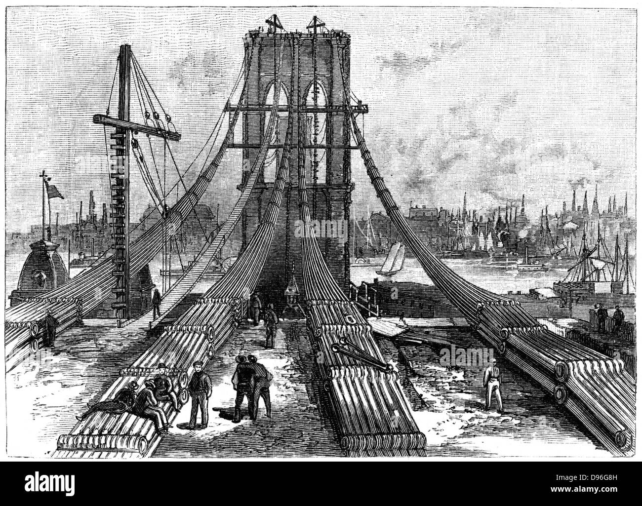 Brooklyn Suspension Bridge, New York, entwickelt und von John August Roebling (1806-1869) und sein Sohn Washington August Roebling (1837-1926) erbaut. Eröffnet 1883. Kabel anchorage auf dem Brooklyn Ufer. Gravur 1883. Stockfoto