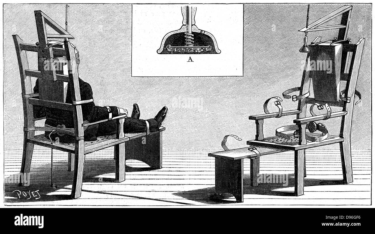 Den elektrischen Stuhl. Kemmler, der erste Mann in einem elektrischen Stuhl  hingerichtet, Auburn Gefängnis, USA, 6. August 1890. Westinghouse AC System  verwendet. Drei Überspannungen benötigt. Holzstich "La Nature" Paris, 6.  September 1890 ...