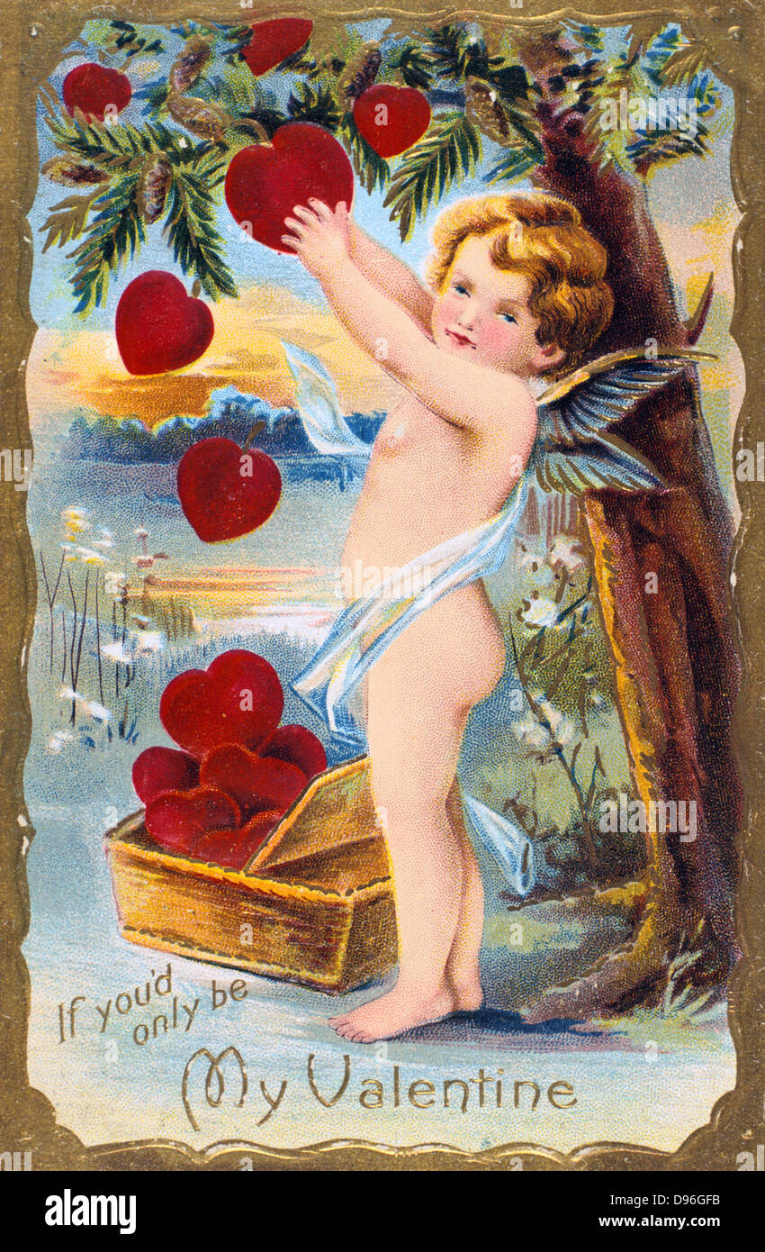 Wenn Sie nur Meine Valentine', 1910. Amor ist ein Korb mit roten Herzen von einer Kiefer, das in der Sprache der Blumen Wagnis darstellt. In der römischen Mythologie Amor war der Sohn von Venus, der Göttin der Liebe (Eros und Aphrodite in der griechischen Pantheon). Die Identität der Valentinstag ist ungewiss, die beliebtesten Kandidaten sind Valentin, Bischof von Terni (3. Jahrhundert) oder einen römischen christlichen c 270 den Märtyrertod zu konvertieren). Valentinstag, feierte am 14. Februar, wahrscheinlich ersetzt die Römisch-heidnische Fest von lupercalia. Stockfoto