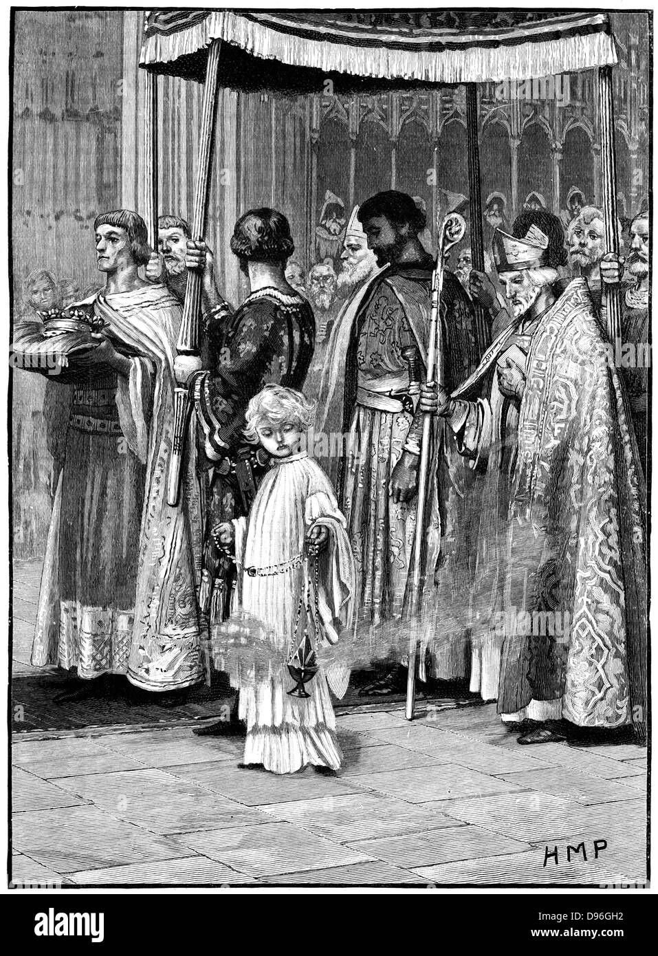 Krönung von Richard ich in der Westminster Abbey 1189. Richard Verarbeitung den Gang hinunter. Der Sohn Heinrich II. und Eleonore von Aquitanien, regierte als König von England (1189-1199). Die zweite der Anjou (Plantagenet) Könige von England. Holzstich c 1880. Stockfoto