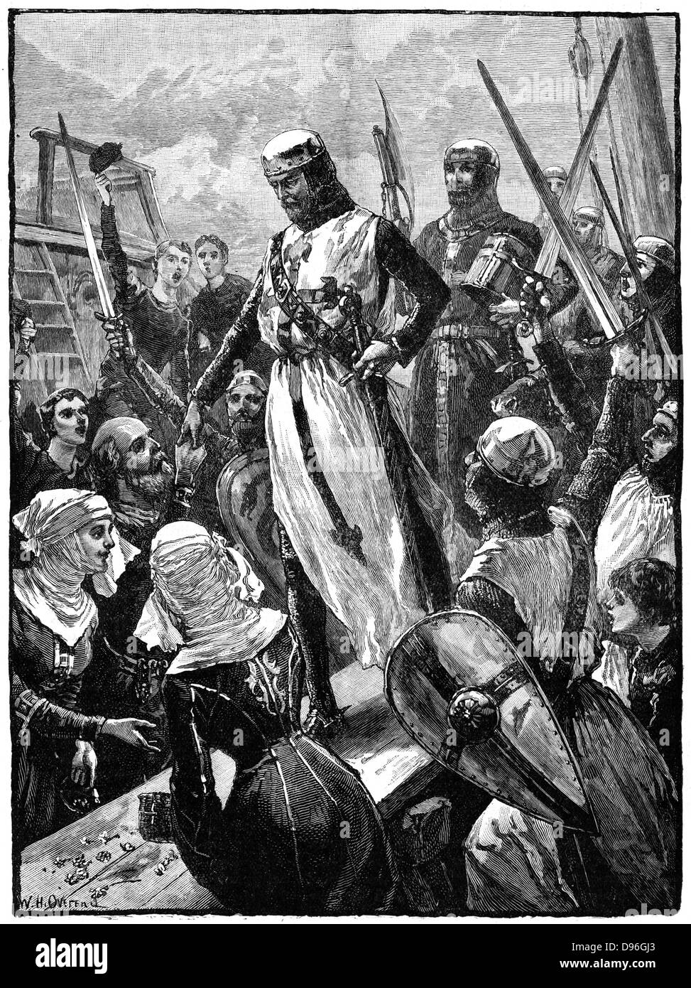 Richard I, Coeur de Lion, (1157-1199) Landung in Sandwich, Kent, 14. März 1194. Richard, der Sohn von Heinrich II. und Eleonore von Aquitanien, und zweitens (Anjou Plantagenêt) König von England (1189-1199). Auf seinem Weg nach Hause vom Dritten Kreuzzug (1189-1192) war er Schiffbruch und begann seinen Weg über Europa in der Verkleidung zu machen. Er wurde erkannt und als Geisel gehalten durch Kaiser Heinrich VI. England bezahlt das Lösegeld und Richard wurde freigegeben. Holzstich c 1880. Stockfoto