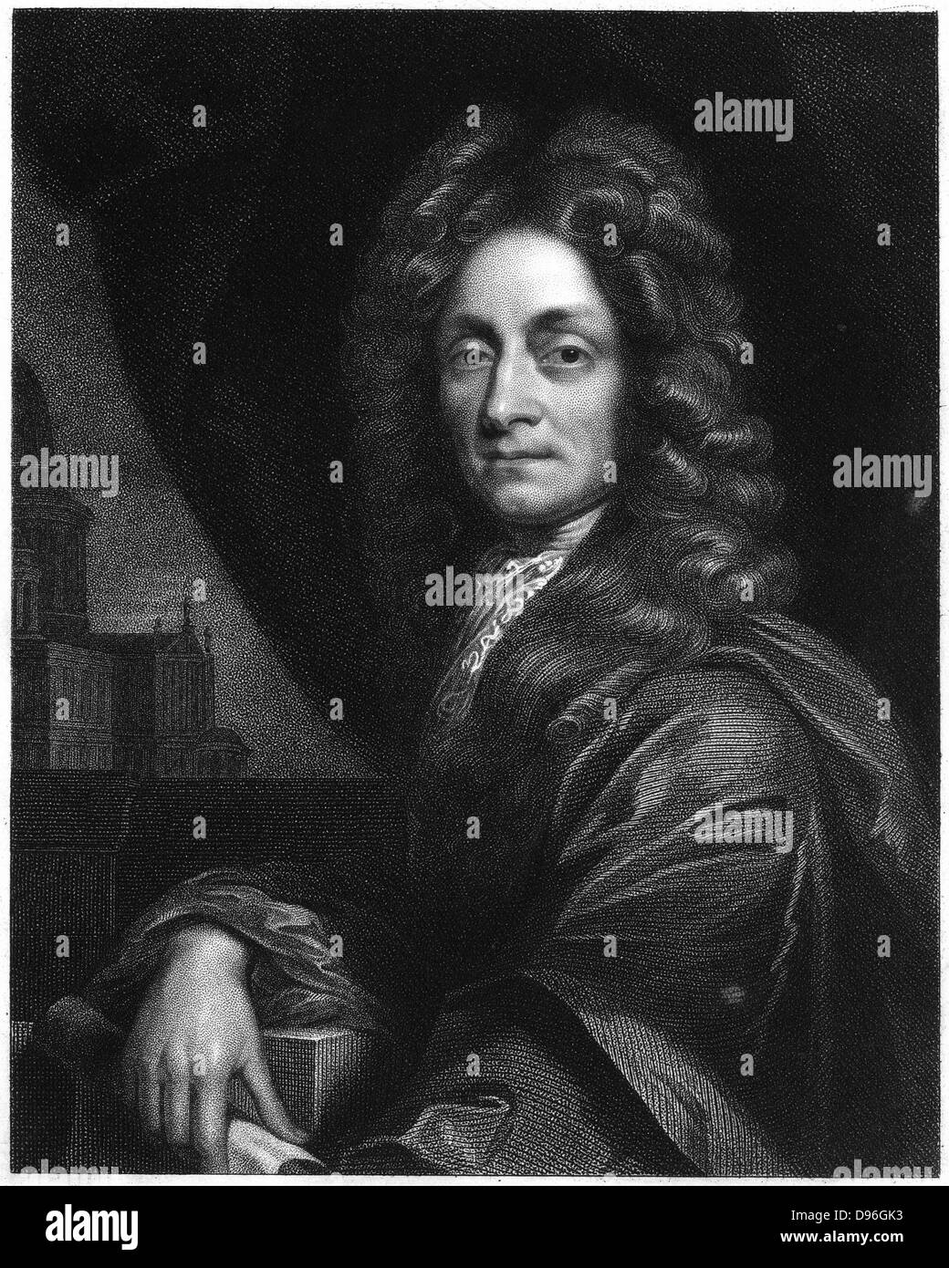 Christopher Wren (1632-1723), 1833. Wren, der englische Architekt, Mathematiker und Physiker, ist am besten in Erinnerung für seinen Wiederaufbau der St. Paul's Kathedrale und zahlreiche andere Kirchen in den großen Brand von London zerstört (1666). Unter seinen anderen Werke sind die Custom House, Temple Bar, Chelsea Hospital, Greenwich Hospital, Royal Observatory Greenwich und das Ashmolean Museum in Oxford. Von "die Galerie der porträts" Vol. I von Charles Knight. (London, 1833). Stockfoto