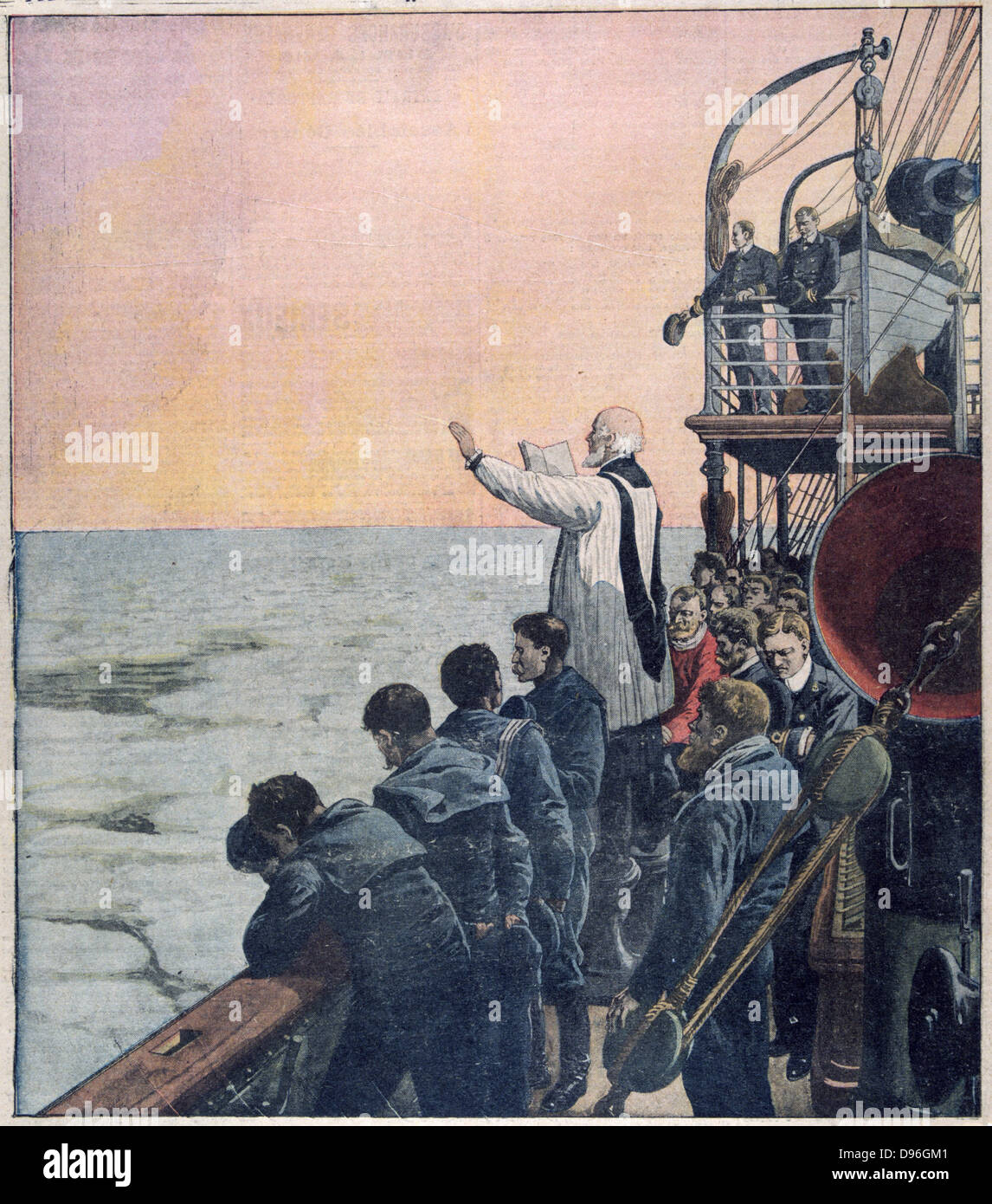 Der Verlust der SS Titanic, 14. April 1912: Gebete am Ort der Katastrophe. Die White Star Line verchartert Kabelverlegung Stockfoto