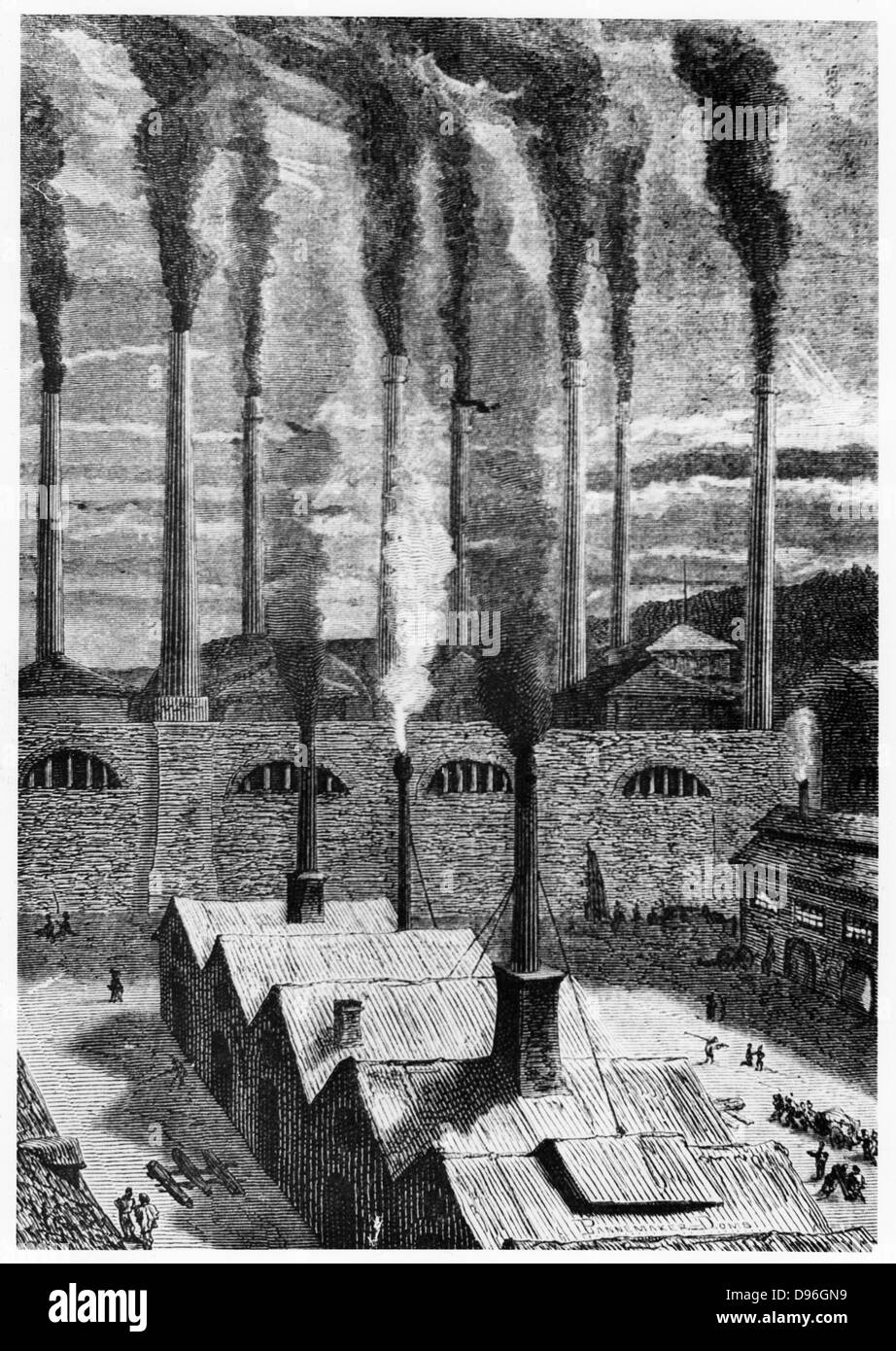 Goldspring Eisenhütte in der Nähe von New York, wo die Materialien für die große Kanone für den Start des Space Craft' Columbiad" produziert wurden. Von Jules Verne "de la Terre a la Lune", Paris, 1865. Holzstich. Stockfoto