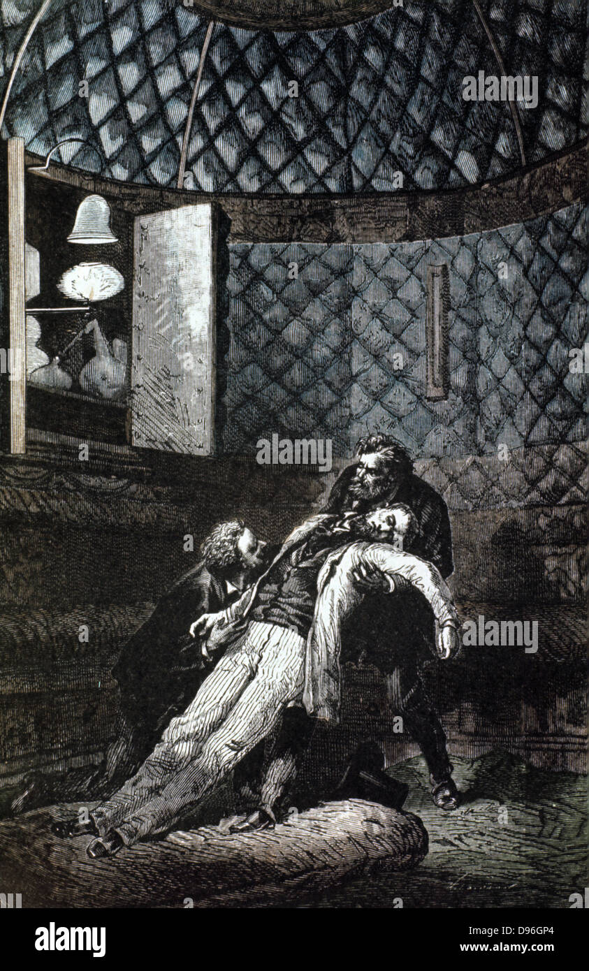 Notfall in der gepolsterten Innenraum die Raumkapsel.  Von Jules Verne "Autour De La Lune", Paris, 1865 Holzstich. Stockfoto