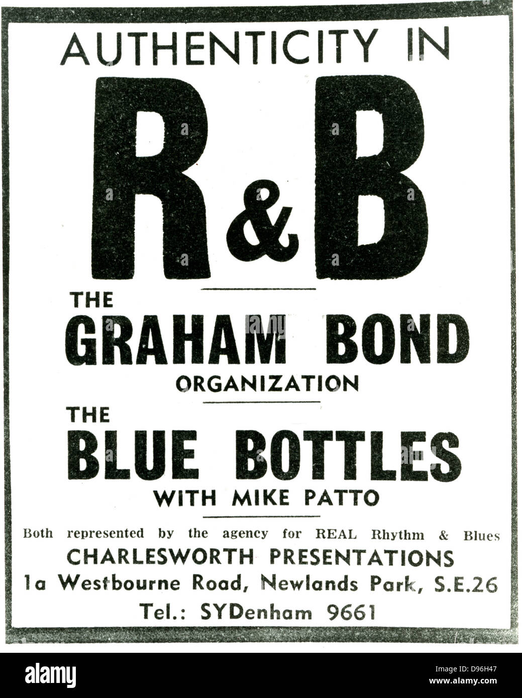 GRAHAM BOND ORGANISATION UK R&B Gruppe in einem 1964 Anzeige die highlights die aktuelle Debatte über welche R&B gefördert wurde. Stockfoto
