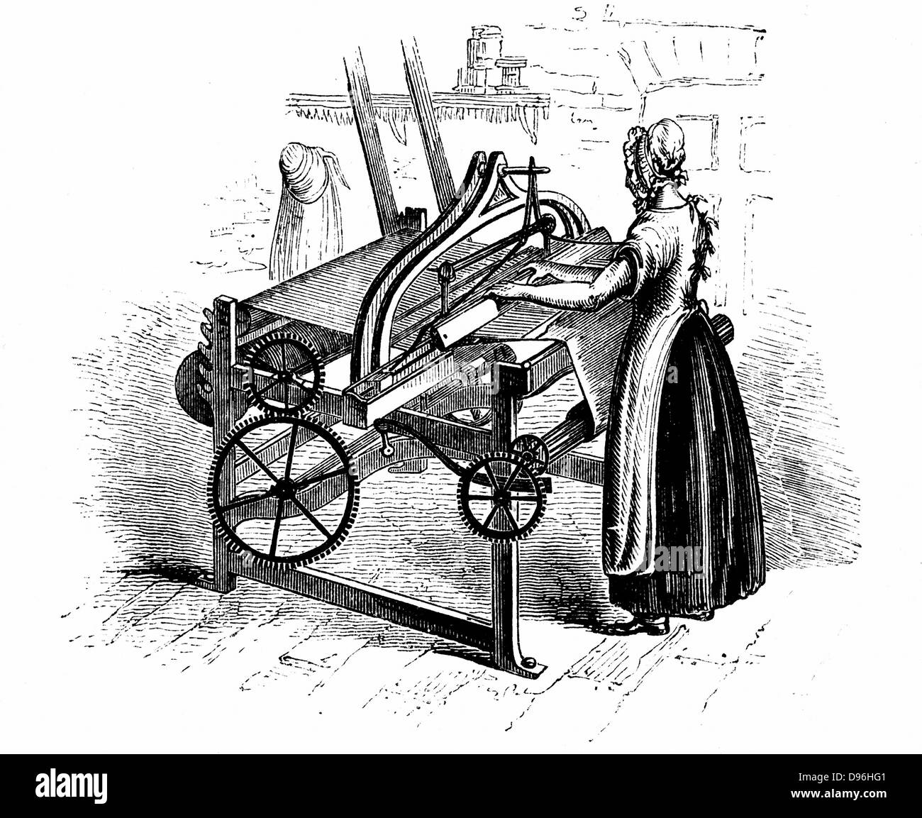 Power loom für das Weben von Baumwolle. Das abgebildete Modell ist, dass von Roberts erfunden (c 1815-20). Belting Anschließen der Antriebswelle in der Mitte der Abbildung dargestellt. Weibliche wirksam. Holzstich c 1840. Stockfoto
