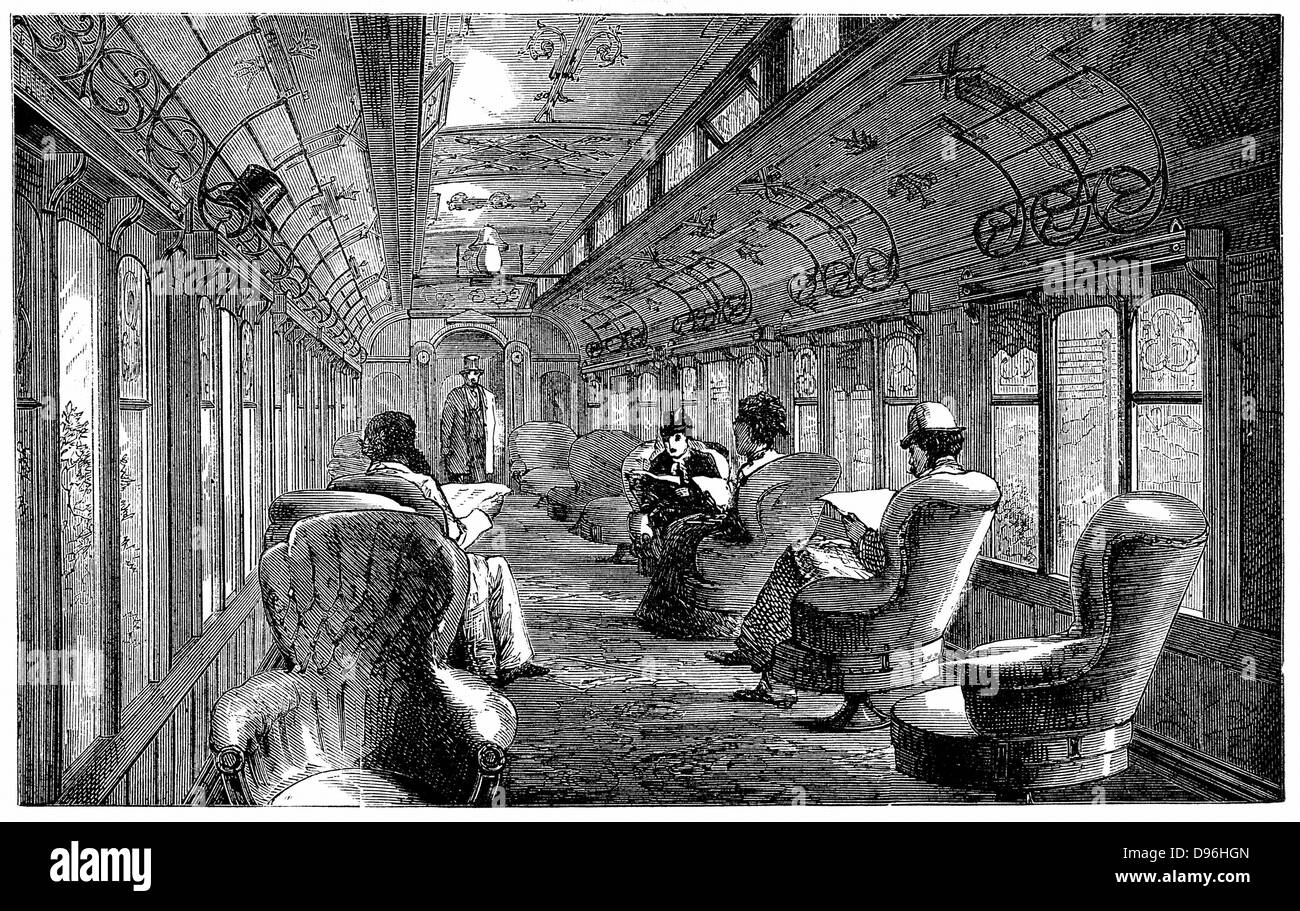 Pullman Salon Auto auf der Midland Railway, England. Holzstich, 1876. Stockfoto