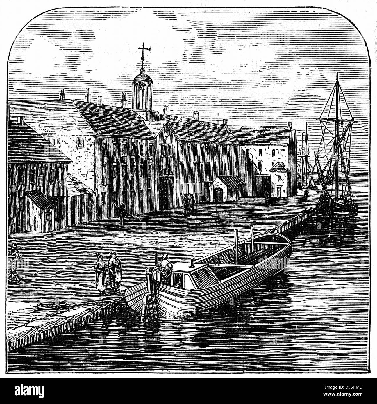 Josiah Wedgwood (1730-1795) Etrurien Töpfereien, Hanley, Staffordshire aus Etrurien Kanal, um fertig waren aus den töpfereien zu transportieren konstruiert wurde gesehen. Holzstich. Stockfoto