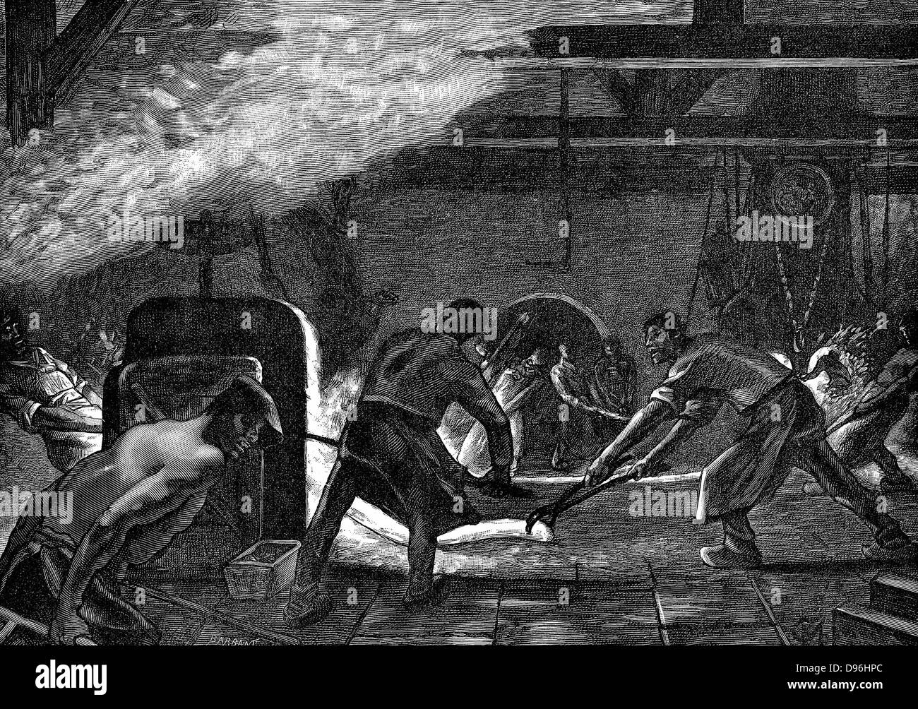 Walzwerke, Saint-Jacques arbeitet, Chatillon-Commentry Unternehmen. Männer tragen Leggins und schweres Leder Schürzen aus Kontakt mit heißem Metall zu schützen. Holzstich Paris, 1894 Stockfoto