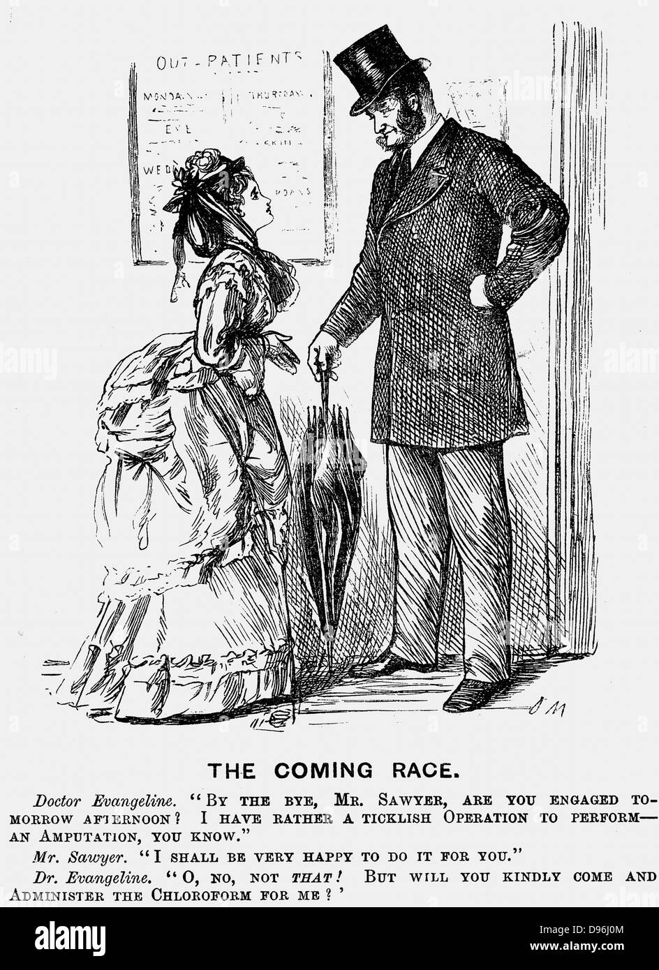 Die kommenden Rennen. Der Chirurg der Zukunft. George Du Maurier Karikatur aus 'Lochen' London, den 14. September 1872 zeigt die herablassende Haltung Frauen in medizinischen Berufen könnte von männlichen Kollegen erwarten. Gravur. Stockfoto