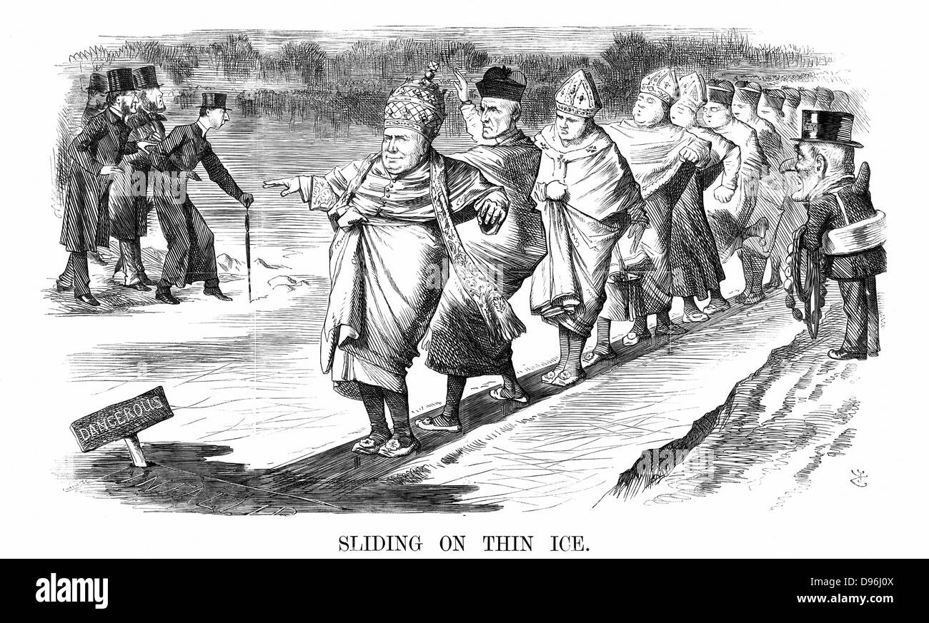 Englisch wandelt nach Rom einschließlich Newman, auf dünnem Eis, während auf der linken Seite, Pusey und seine Anglo-Catholic 'Rituelle' Freunde das Eis bevor sie sich testen. John Tenniel Karikatur aus "Punch" London 1869. Stockfoto