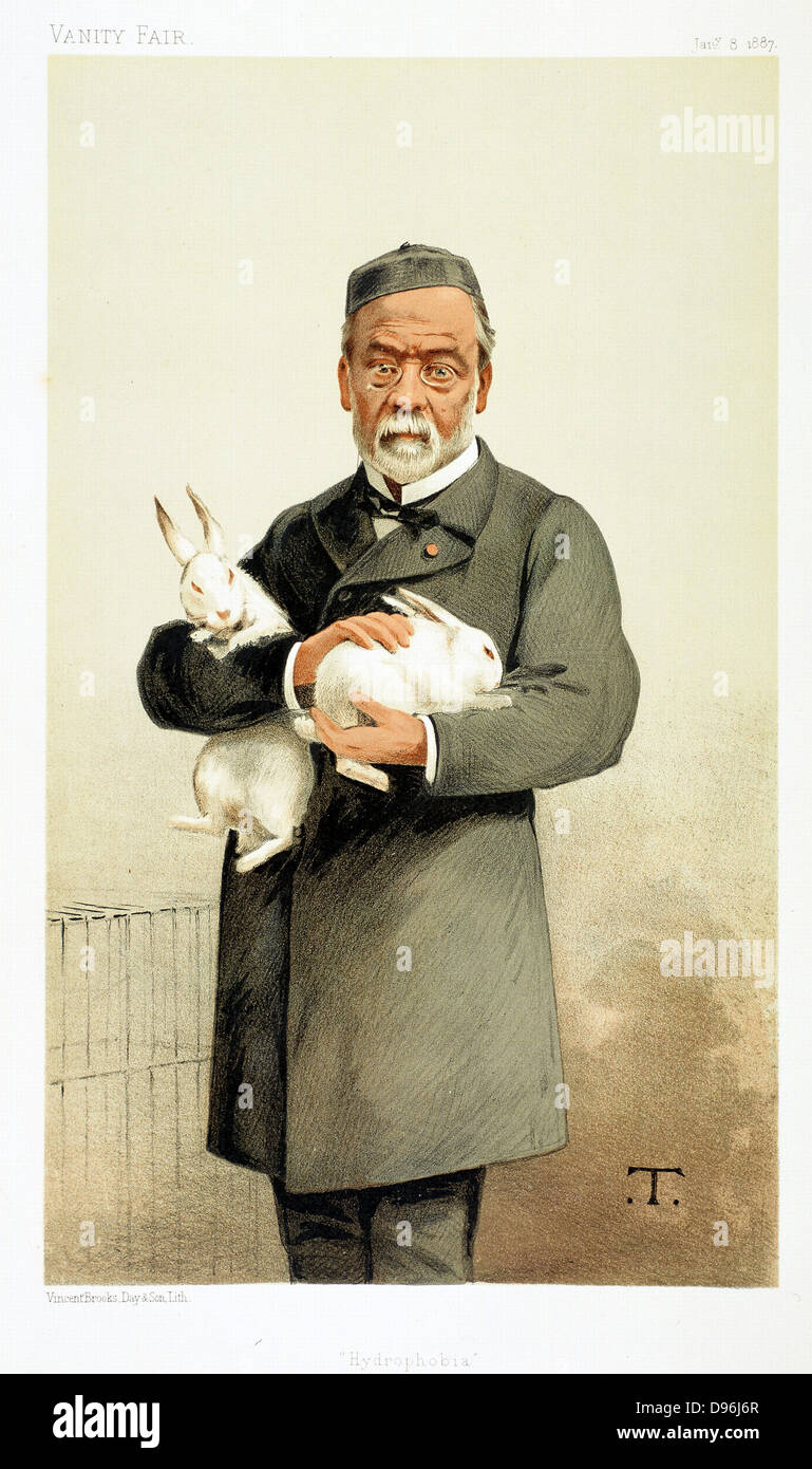 Louis Pasteur (1822-185) französischer Chemiker und Begründer der modernen Bakteriologie, hier halten Kaninchen in seine Arbeit an Tollwut (Tollwut) verwendet. Cartoon von "Vanity Fair", Januar 1887. Stockfoto