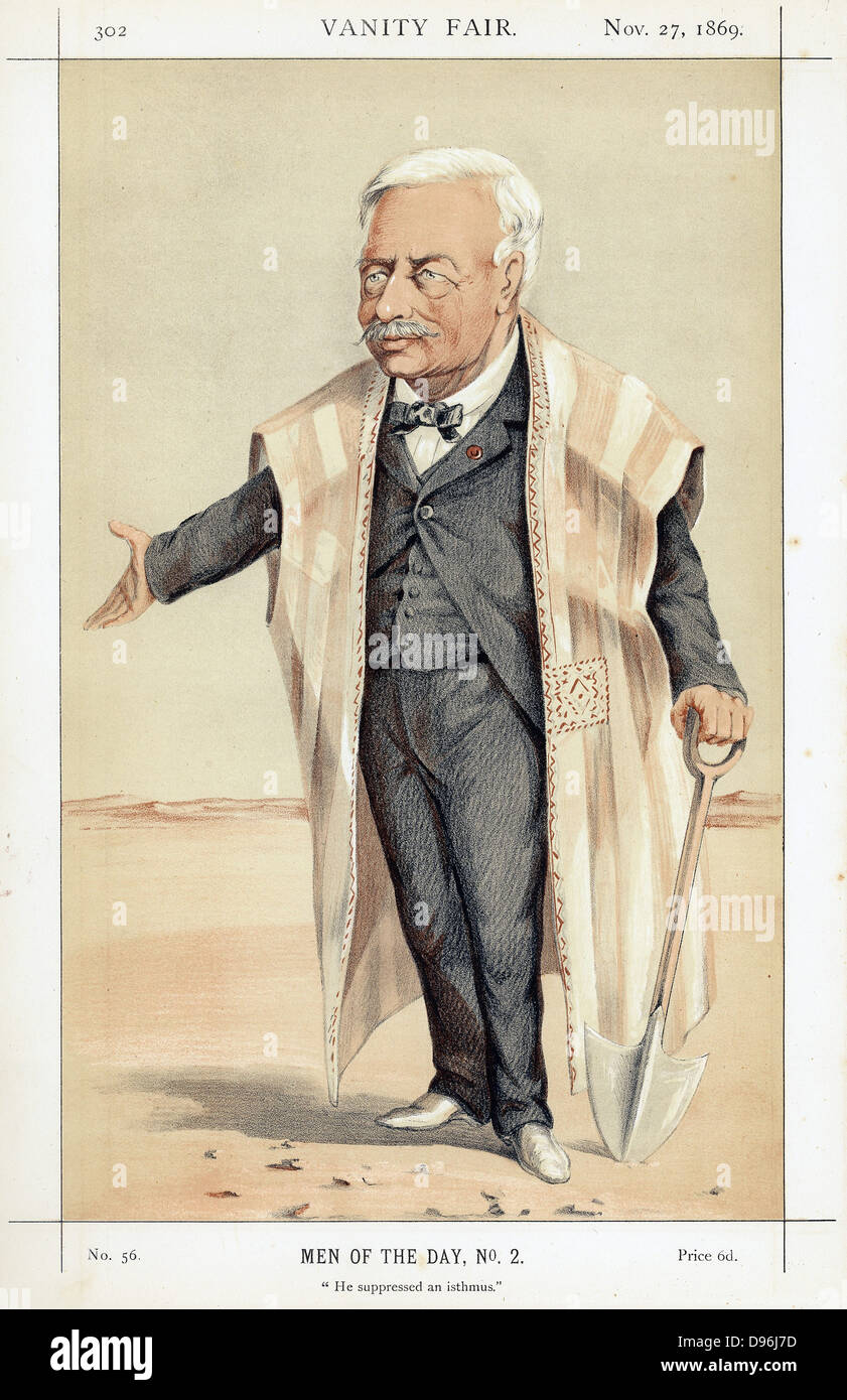 Ferdinand De Lesseps (1805-94), französischer Diplomat und Unternehmer. Suez Canal, Panama Canal. Cartoon von "Vanity Fair", London, November 1869, während der Bau des Suezkanals. Stockfoto