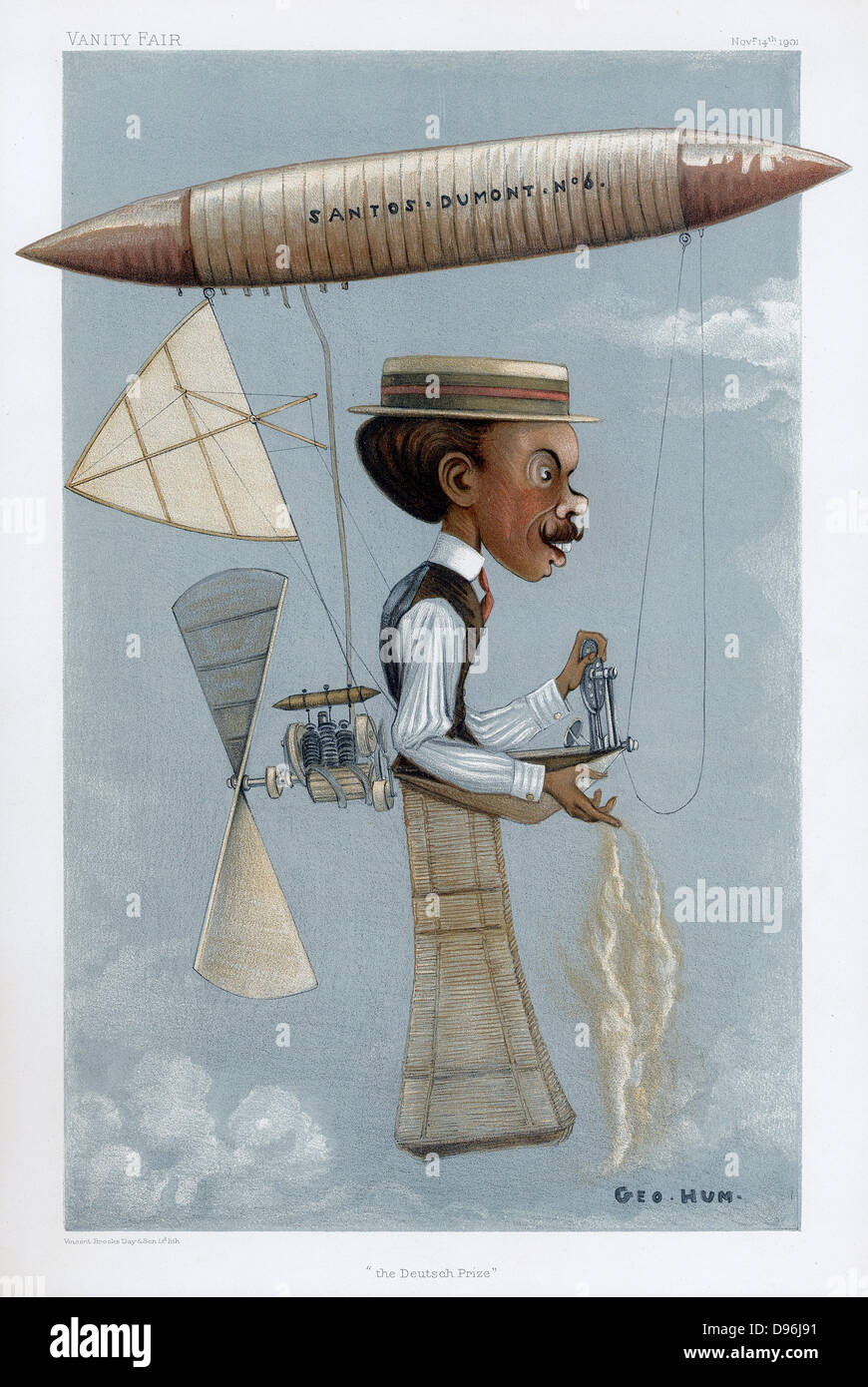 Alberto Santos-Dumont (1873-1932) Brasilianische Pionier der Luftfahrt. Hier in seinem Luftschiff (lenkbar) Nr. 6, in dem er die Deutsch-Preis 1901 gewonnen. Cartoon von 'Vanity Fair', London, 14. November 1901. Stockfoto