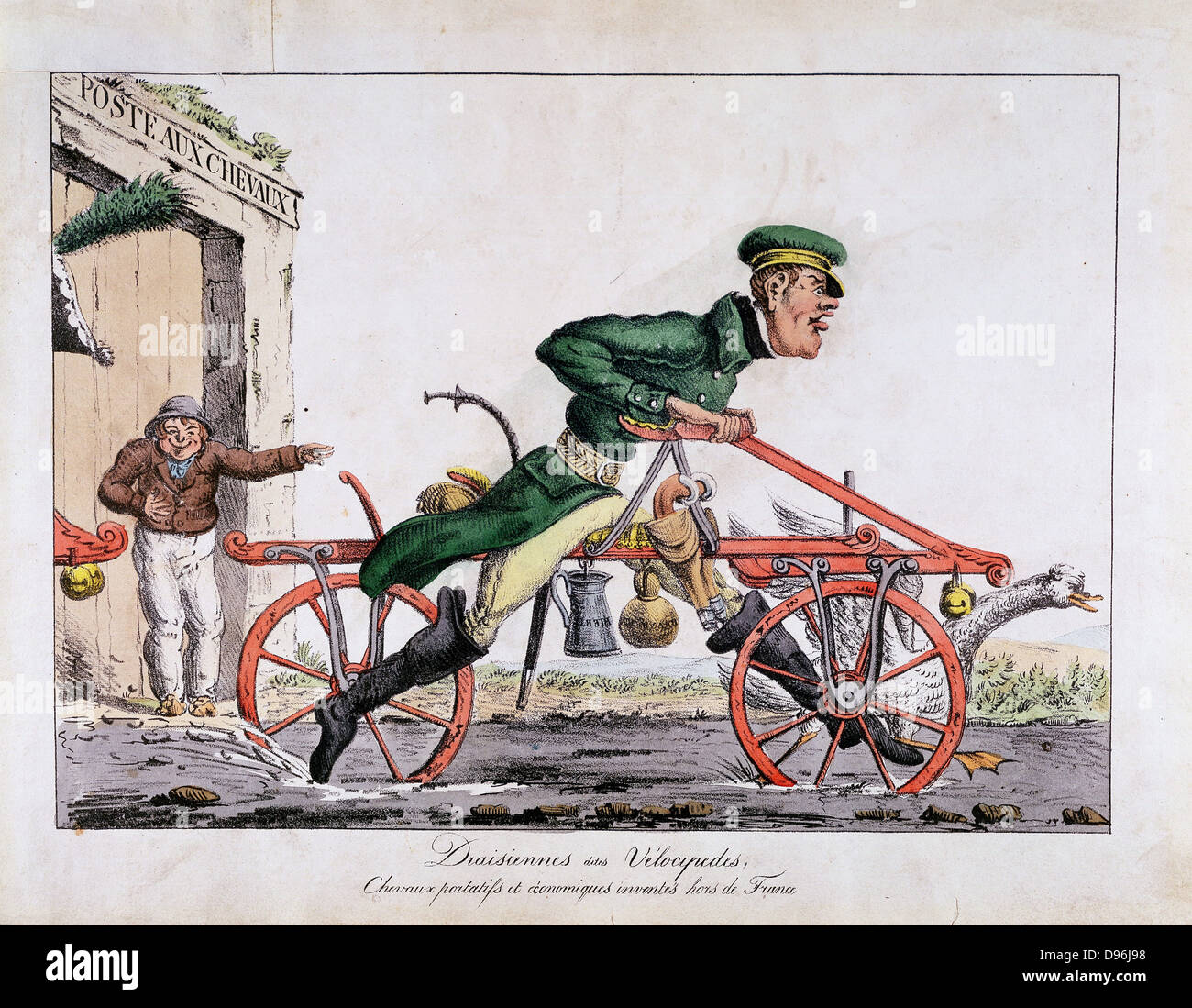Draisien oder Veloziped gezeigt Pferde in der französischen Post-Service zu ersetzen. Farbige Lithographie Cartoon, 1818 Stockfoto